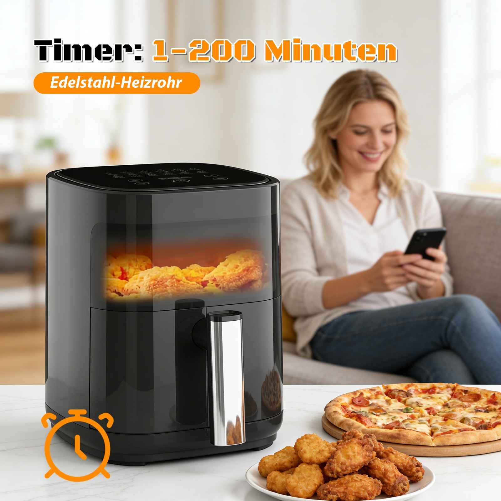 Ein schwarzer Airfryer mit knusprigem Essen und eine Frau mit einem Smartphone.