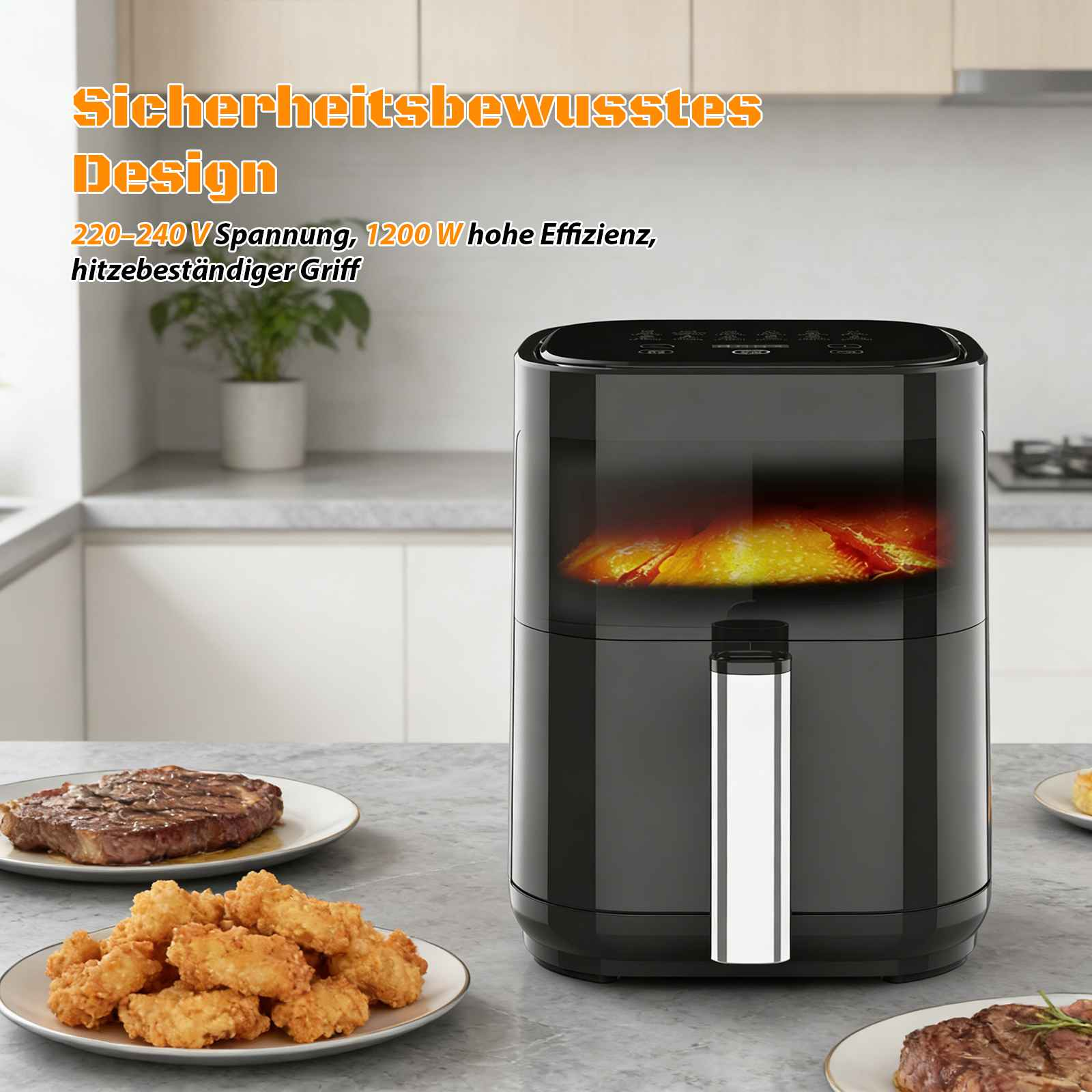 Schwarzer Heißluftfritteuse mit Essen, 220-240V, 1200W.