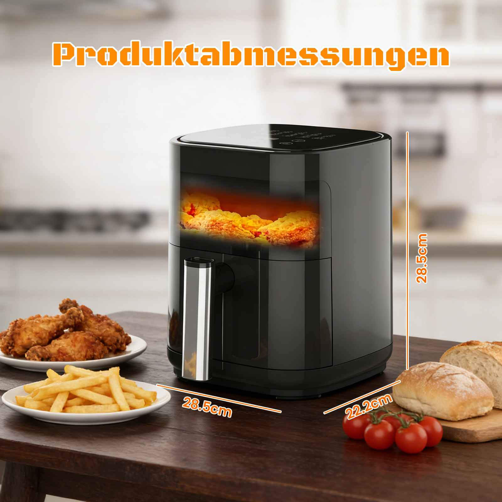 Schwarze Heißluftfritteuse mit gebratenem Essen, Pommes und Brot. Maße sind angegeben.