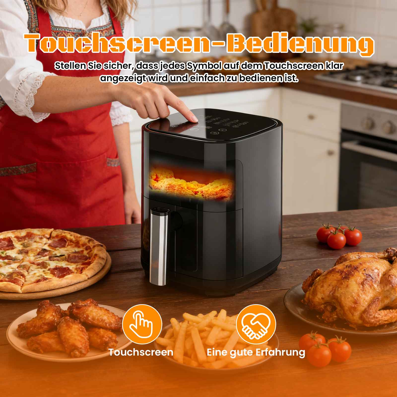 Eine Person bedient eine schwarze Heißluftfritteuse mit Touchscreen. Daneben liegen Essen.