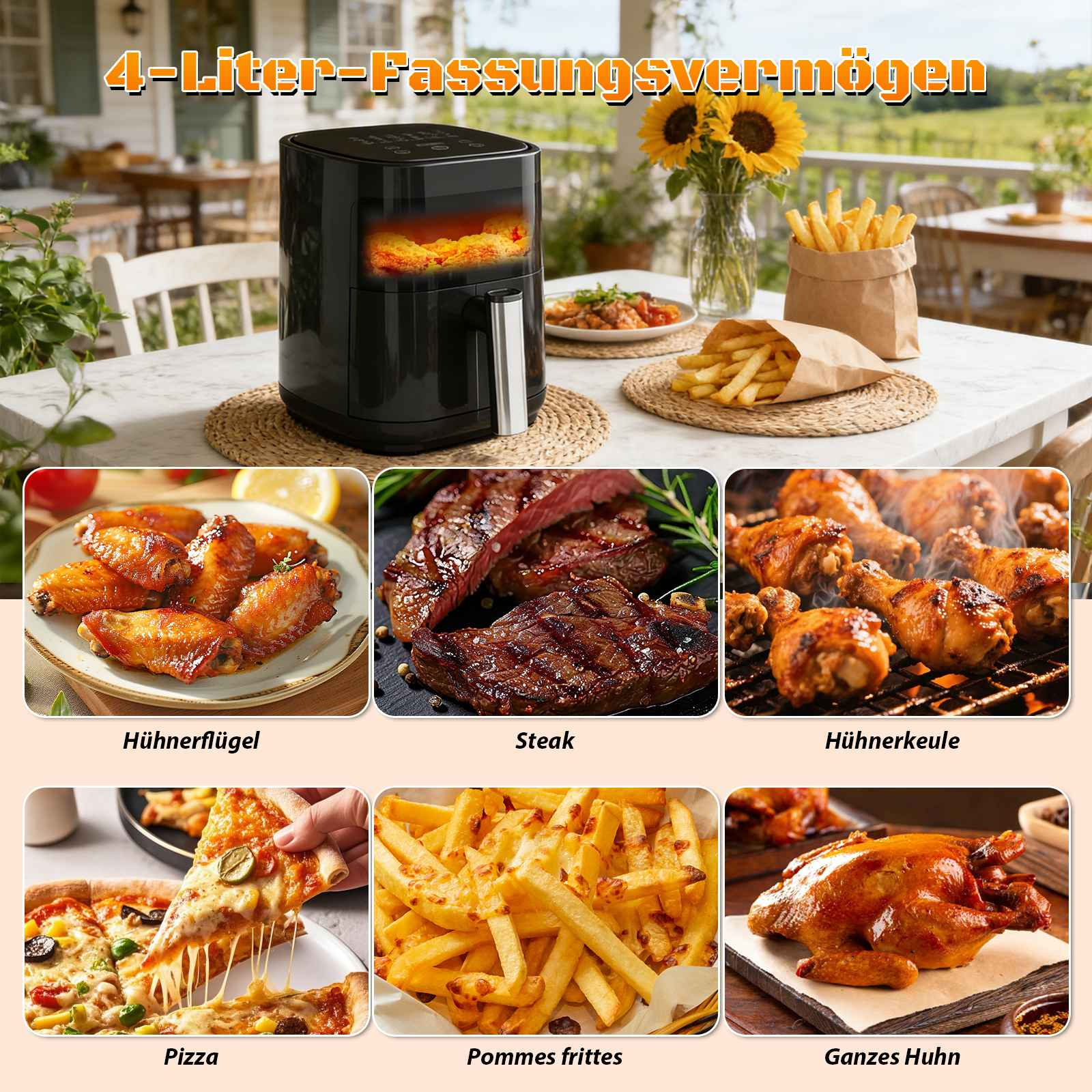 Ein schwarzer Heißluftfritteusen-Gerät mit verschiedenen Gerichten wie Hühnerflügeln, Steak, Pommes und Pizza.