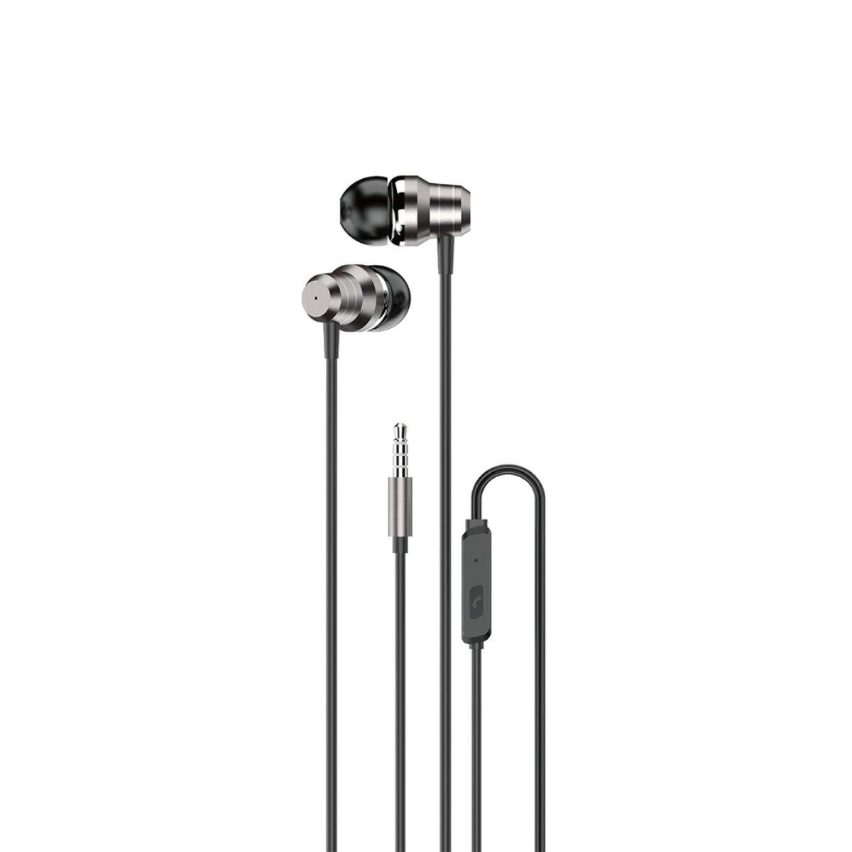 Silberfarbene In-Ear-Kopfhörer mit schwarzem Kabel und Fernbedienung.