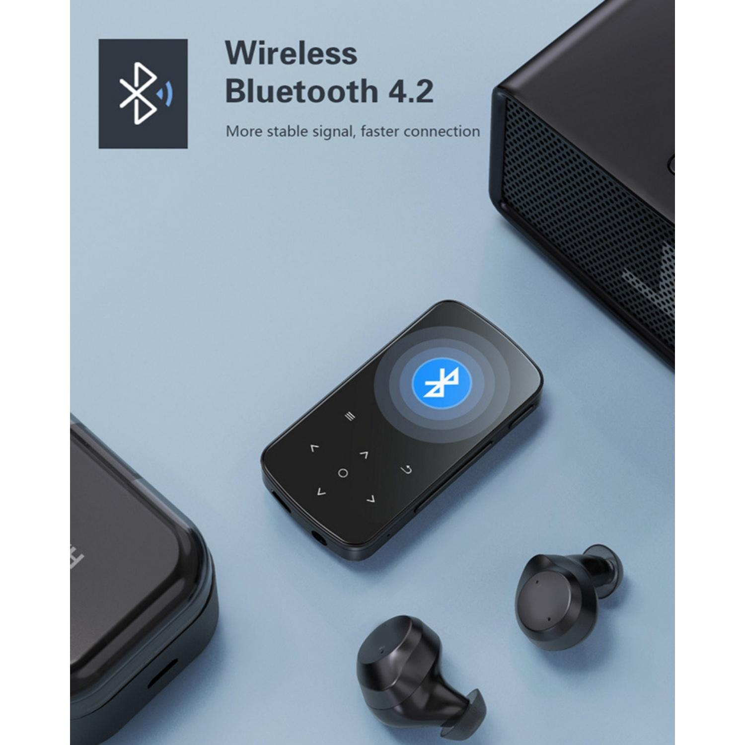 Schwarzer Bluetooth-Player mit Kopfhörern und Lautsprecher auf blauem Hintergrund.