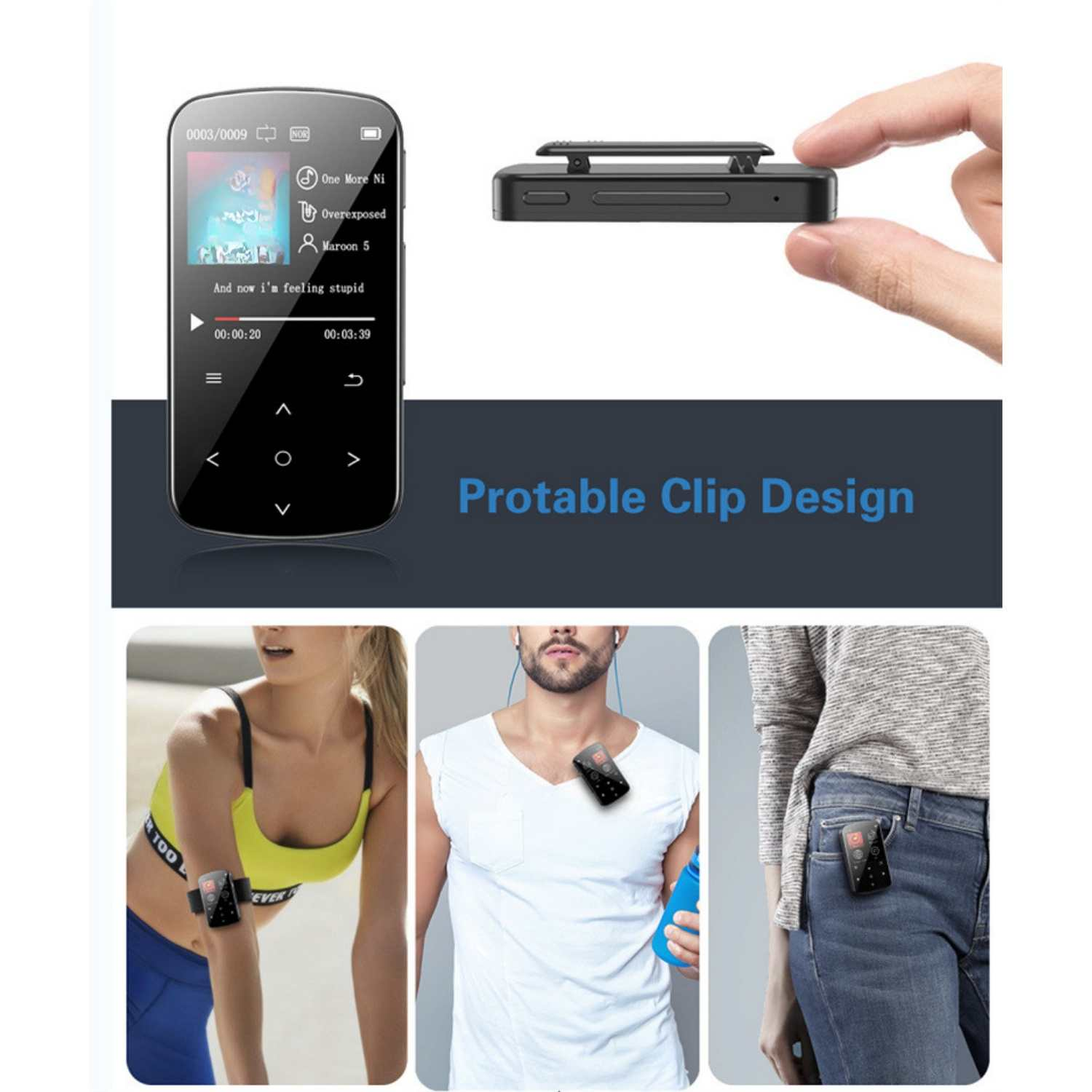 Ein tragbarer Clip-Player wird an einem Arm, Hals und einer Tasche gezeigt.