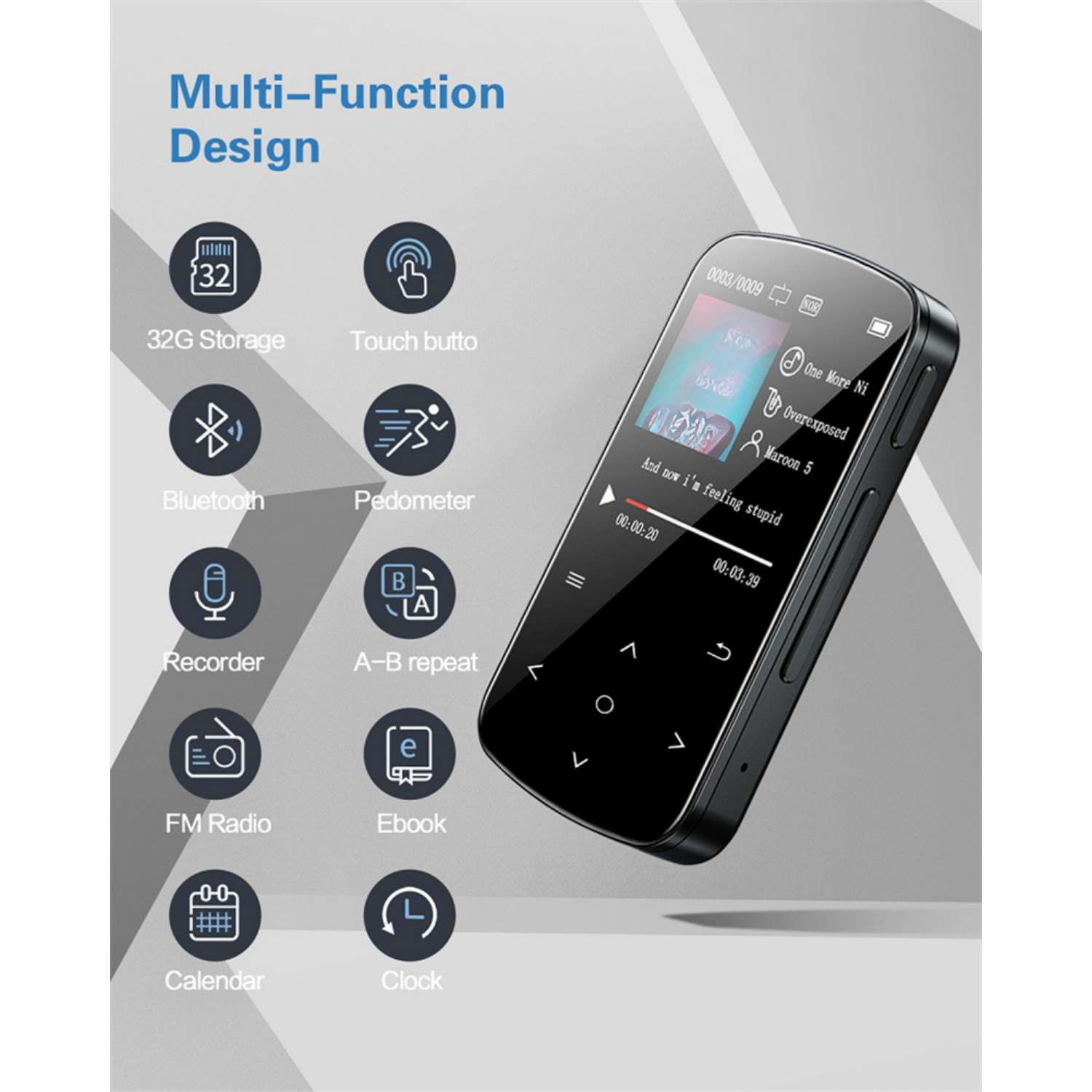 Ein schwarzer MP3-Player mit Touchscreen und vielen Funktionen.