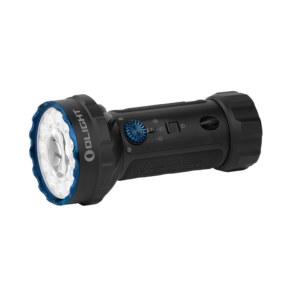 Torcia Olight nera con anello blu e LED multipli.