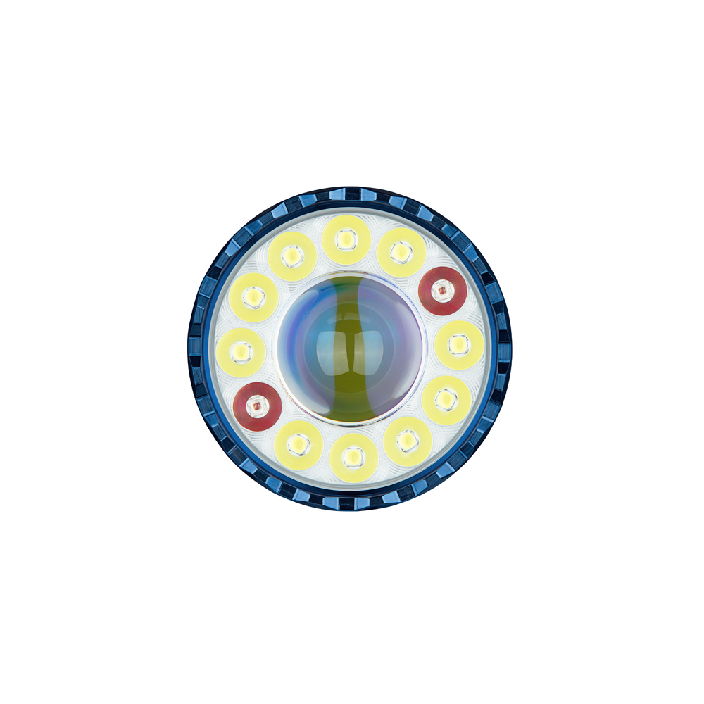 Modulo lente blu rotondo con 14 LED e lente centrale.
