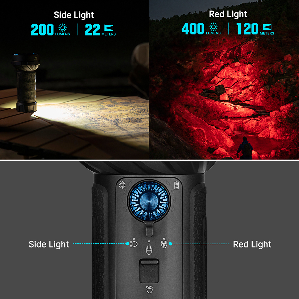 Torcia con luce laterale (200 lumen, 22m) e luce rossa (400 lumen, 120m).