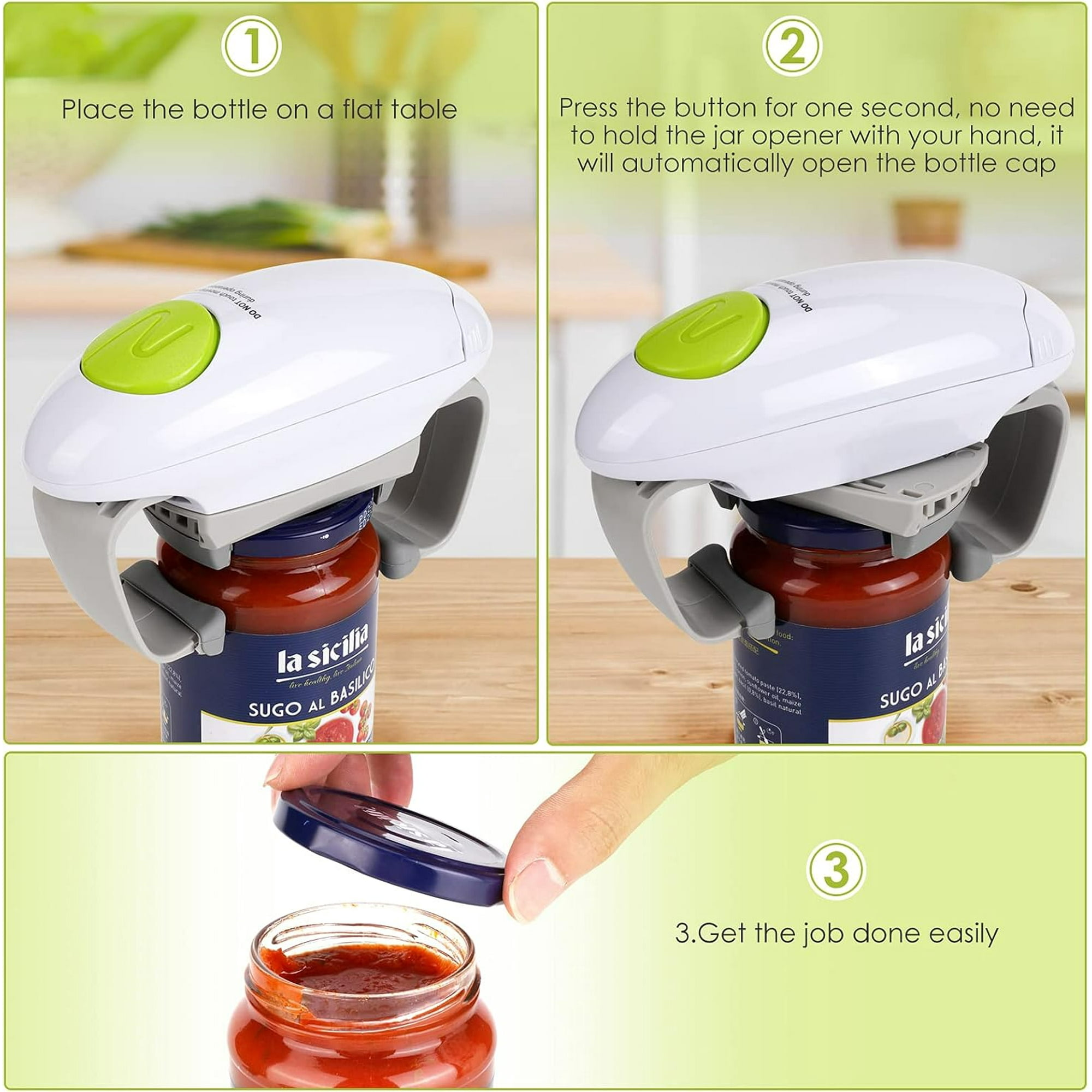Automatischer Glasöffner im Einsatz auf einem Glas Sugo al Basilico.
