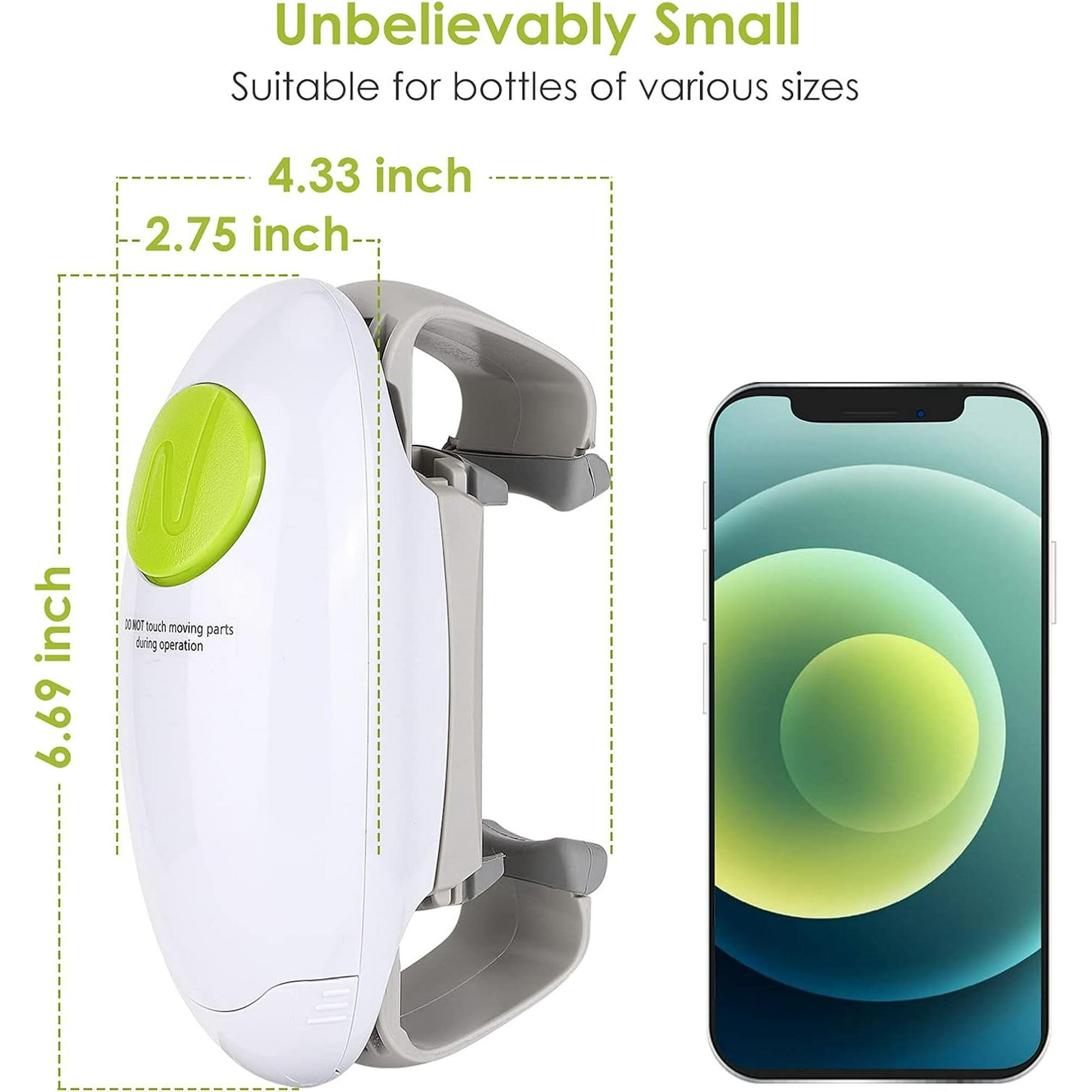 Ein weißer Dosenöffner mit grünem Knopf neben einem Smartphone.