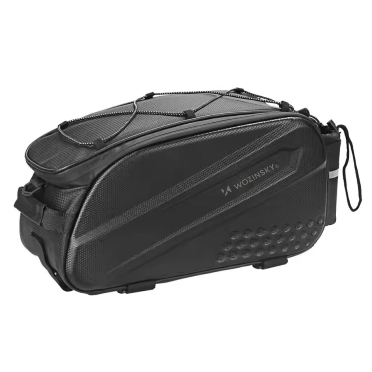 Schwarze Fahrradtasche mit Kordelzug oben und Wozinsky-Logo.