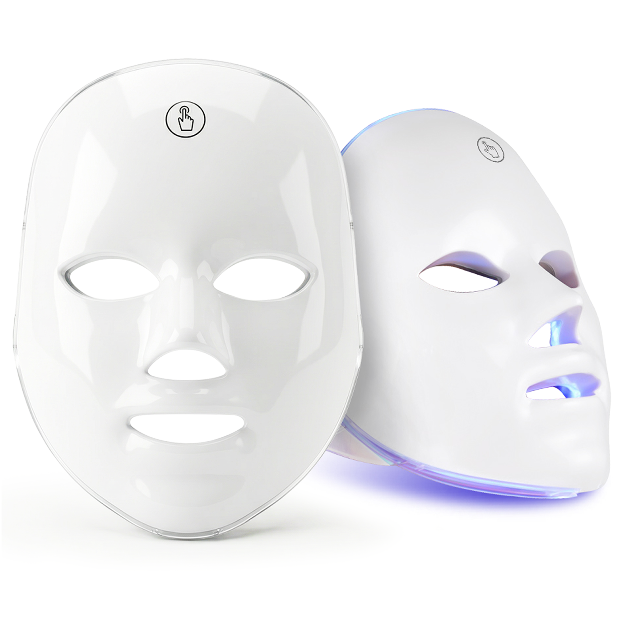 Dwie białe maski LED z niebieskimi światłami wzdłuż krawędzi.