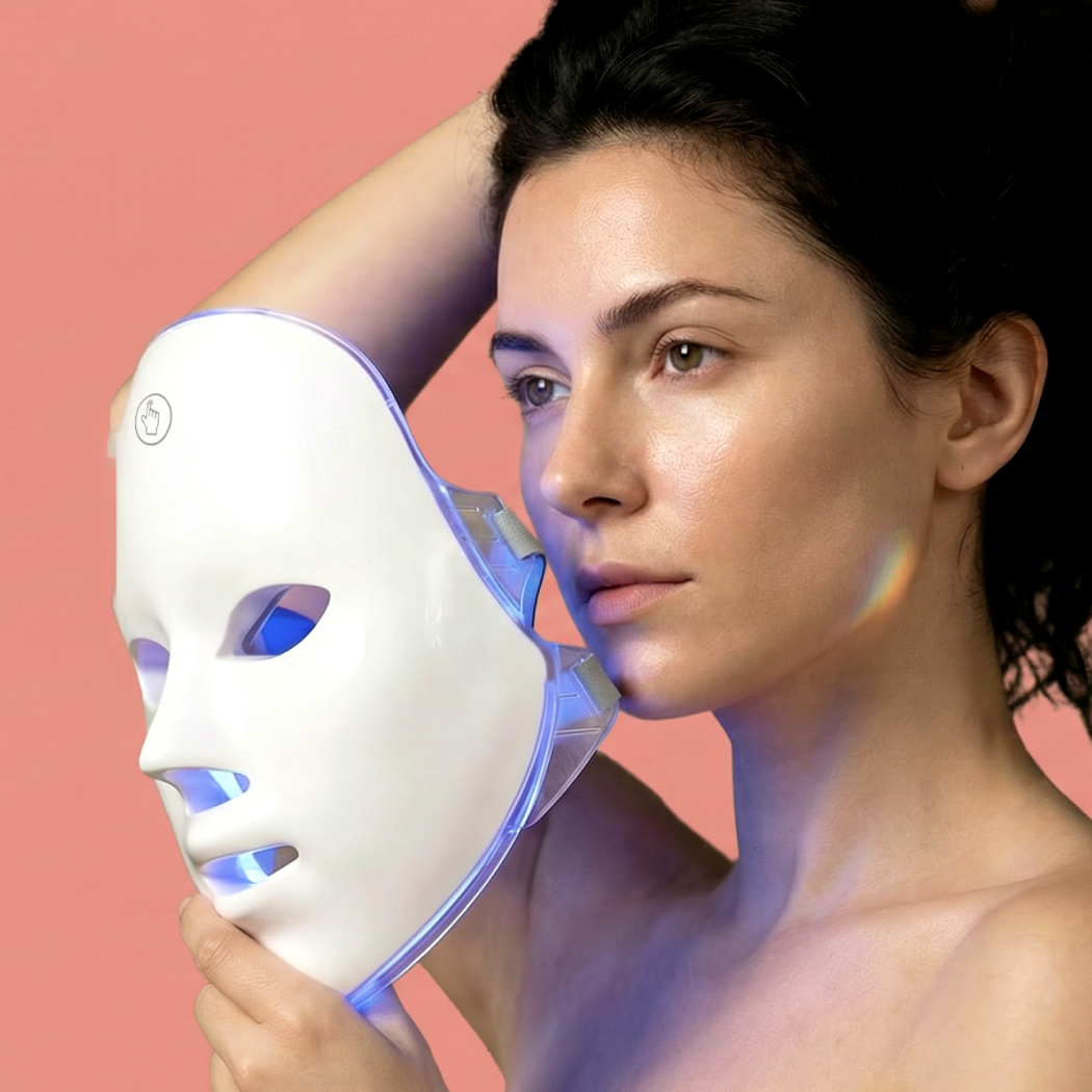 Kobieta trzyma białą maskę LED z niebieskim światłem na tle koralowego różu.