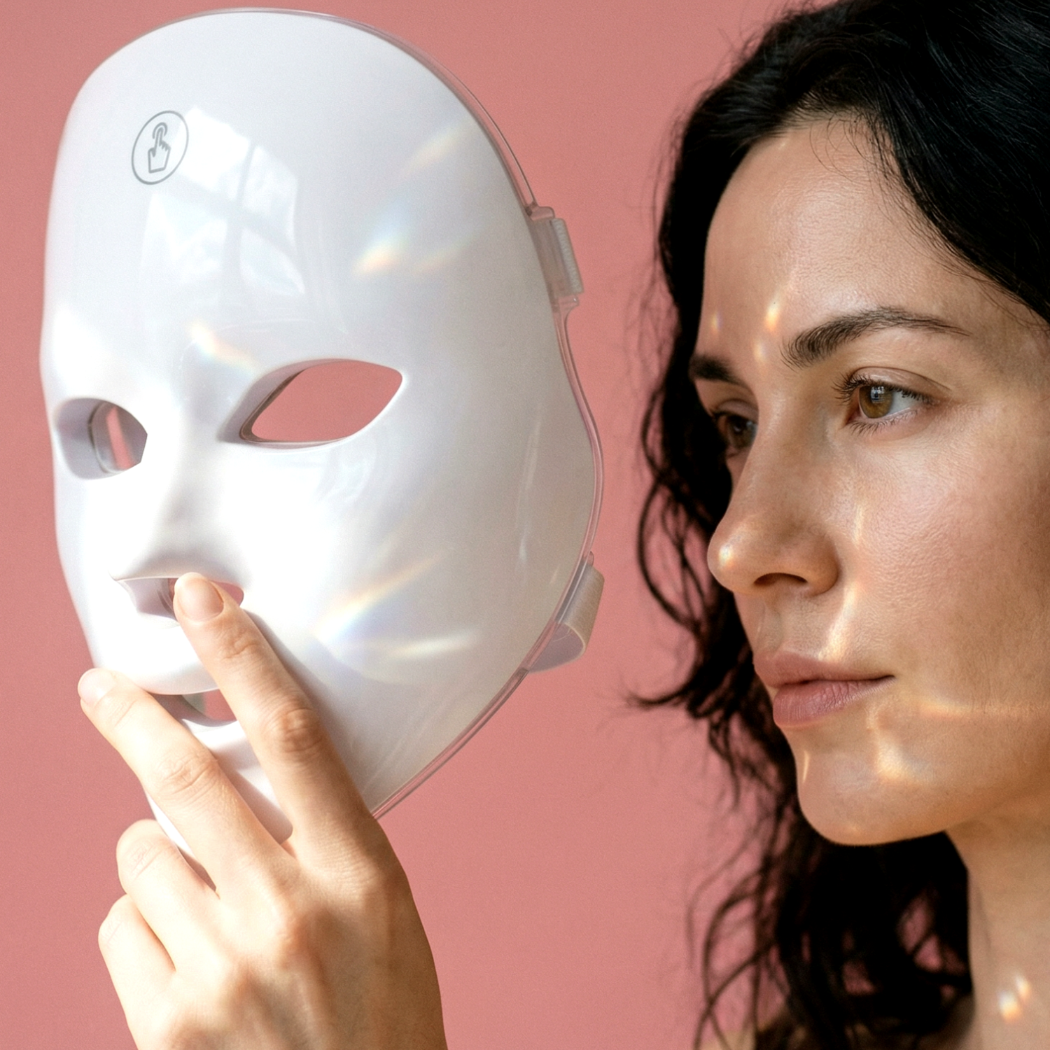 Kobieta trzyma białą maskę LED przed twarzą.