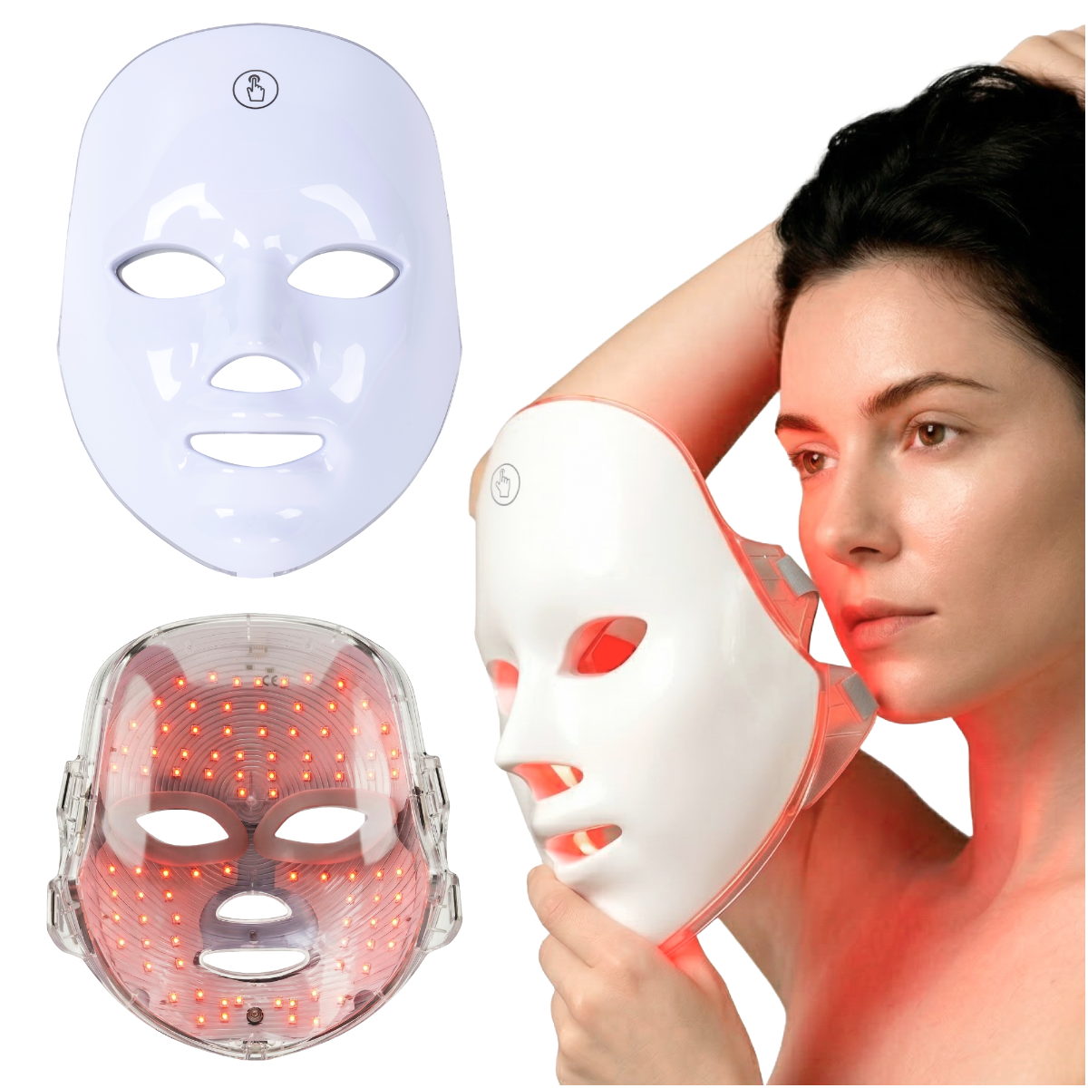 Kobieta trzyma białą maskę LED z czerwonymi światłami przed twarzą.