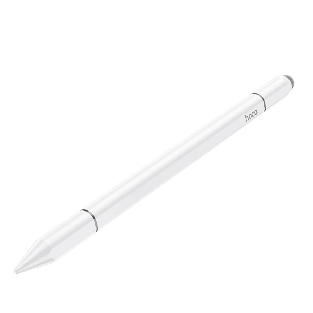 Ein weißer Stylus-Stift mit schwarzer Spitze und Logo auf weißem Hintergrund.