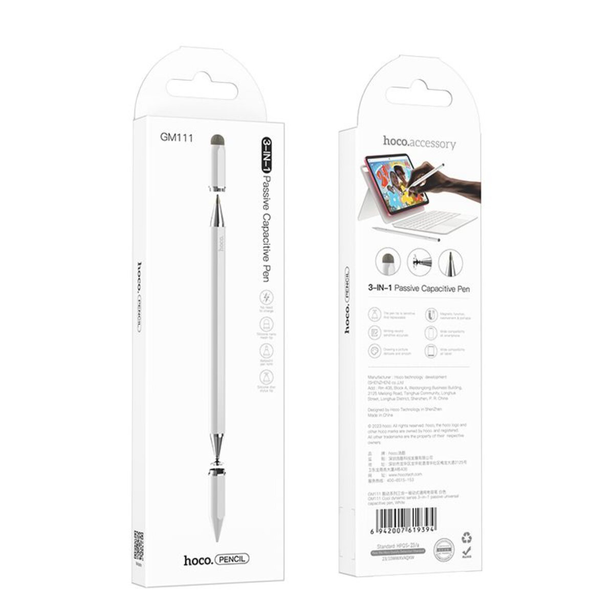 Verpackung eines weißen hoco. 3-in-1 kapazitiven Stifts mit Produktbild.