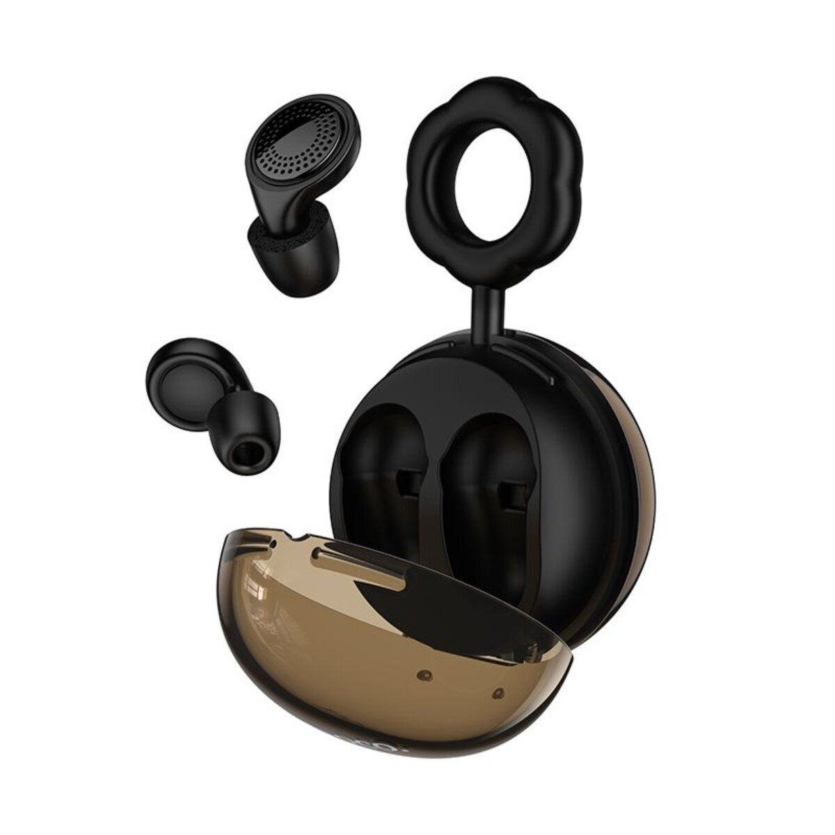 Auricolari wireless neri con custodia di ricarica e coperchio marrone traslucido.
