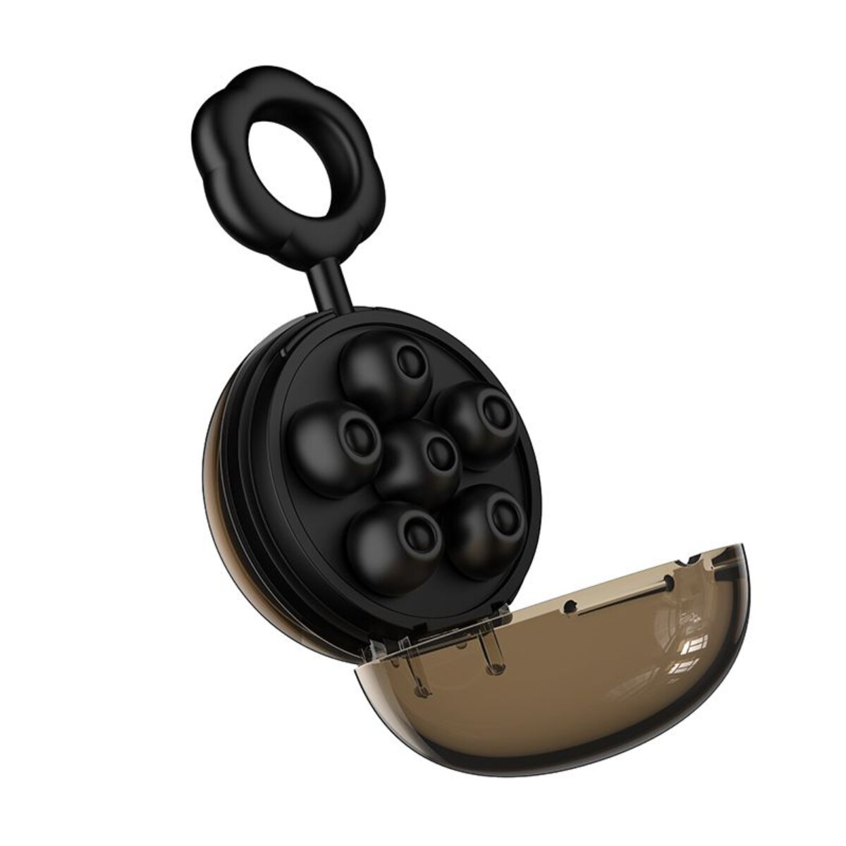 Una custodia nera per auricolari con sei gommini e un anello.