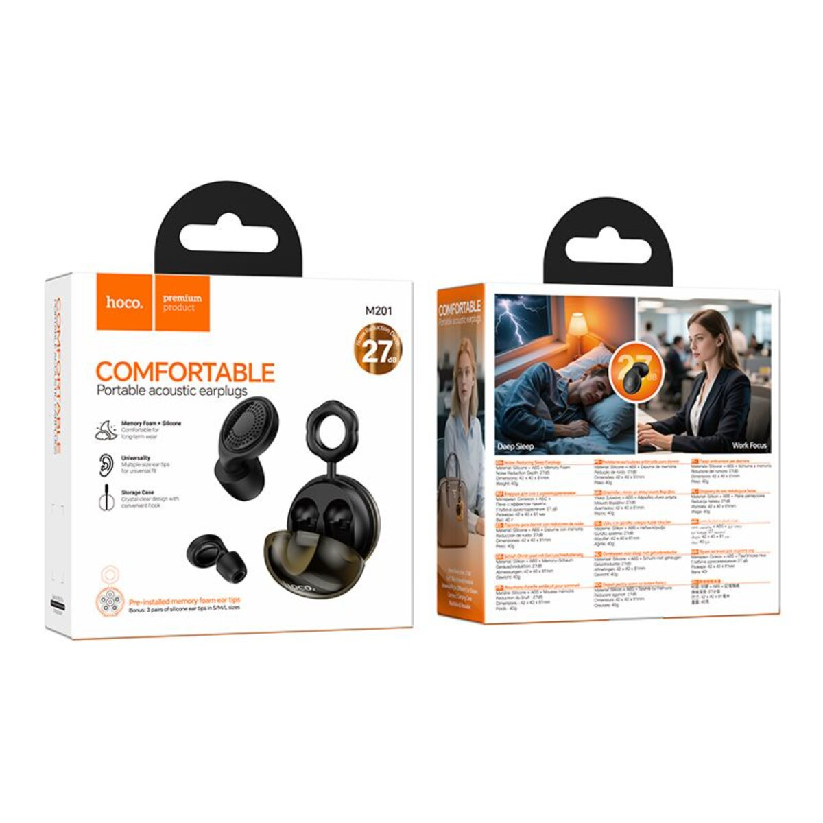 Confezione auricolari Hoco M201, con scene di sonno profondo e concentrazione al lavoro.