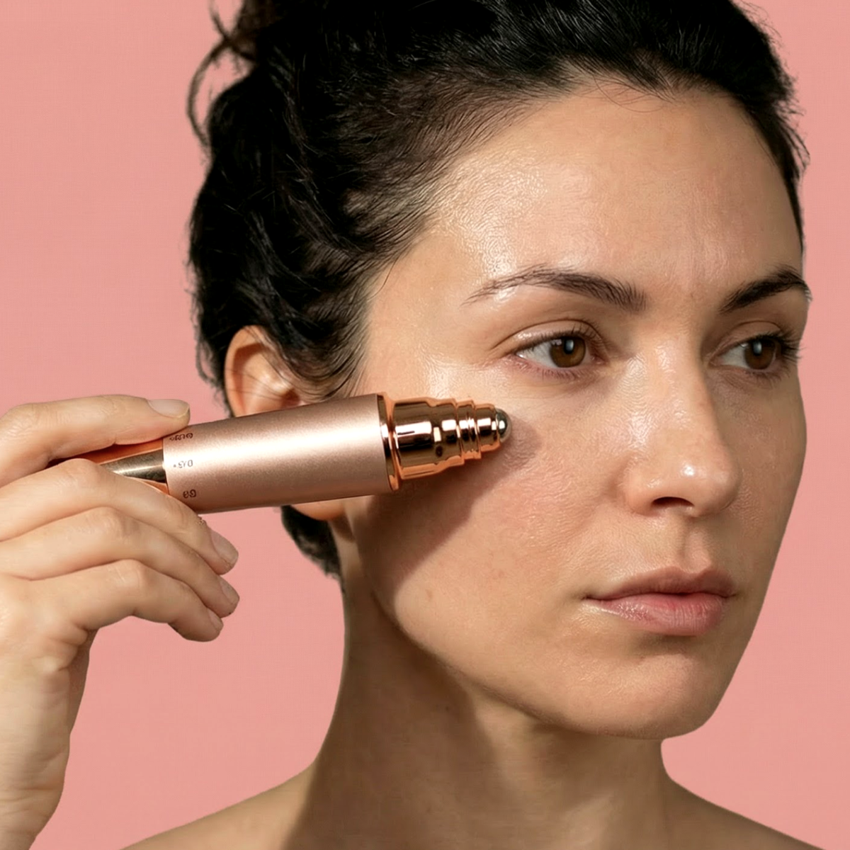 Kobieta używa różowo-złotego urządzenia blisko oka na różowym tle.