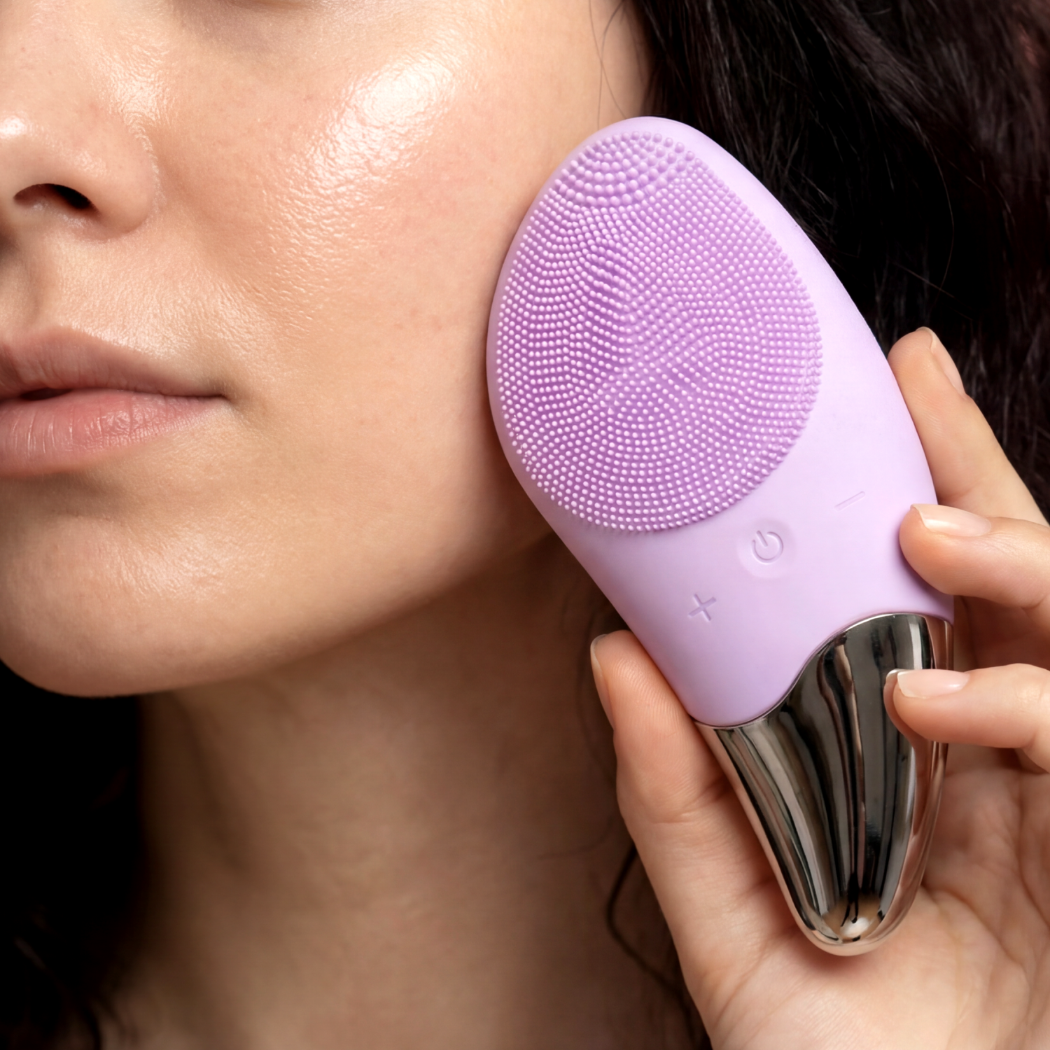 Osoba używa fioletowego urządzenia do oczyszczania twarzy z silikonowymi włoskami.