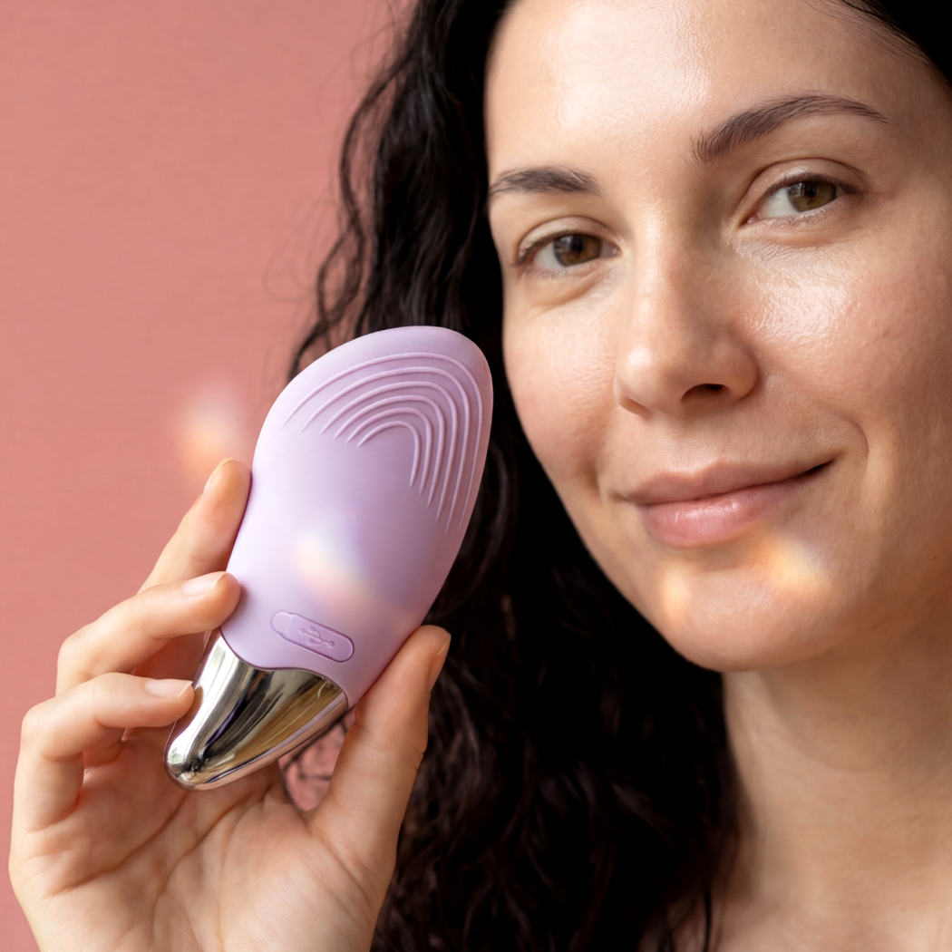 Kobieta z ciemnymi włosami trzyma fioletowe urządzenie do pielęgnacji skóry.