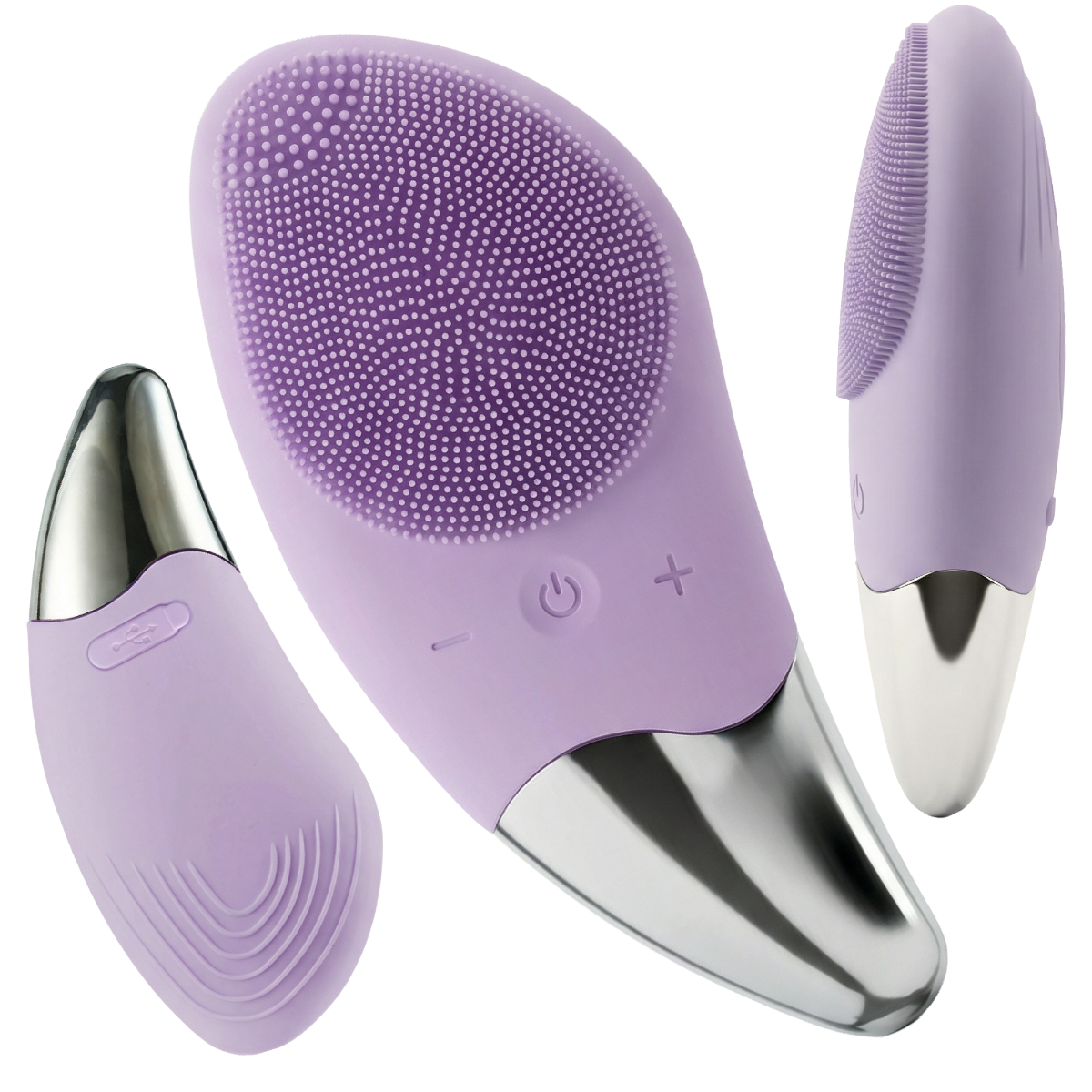 Trzy widoki lawendowego urządzenia do oczyszczania twarzy ze srebrną końcówką.