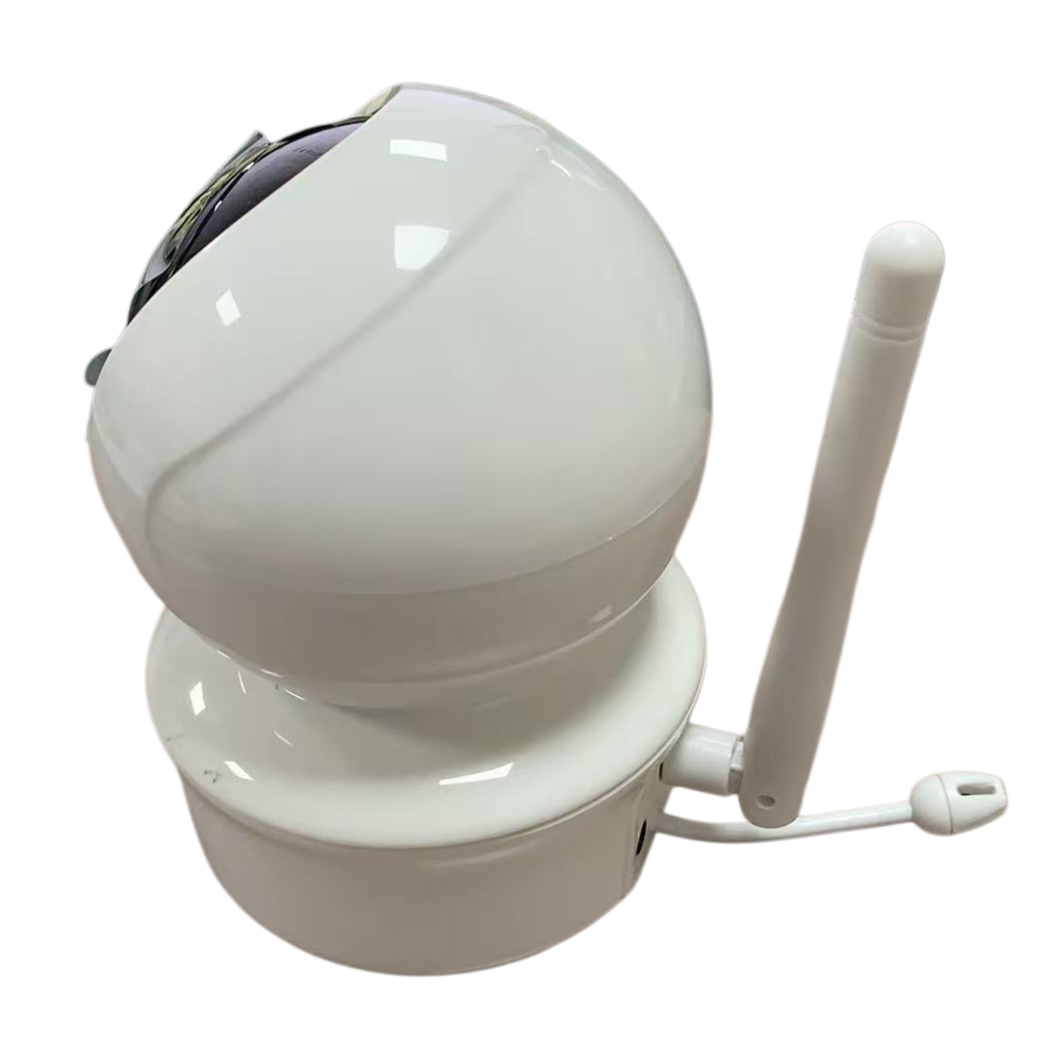 Weiße Überwachungskamera mit Antenne, auf weißem Hintergrund.