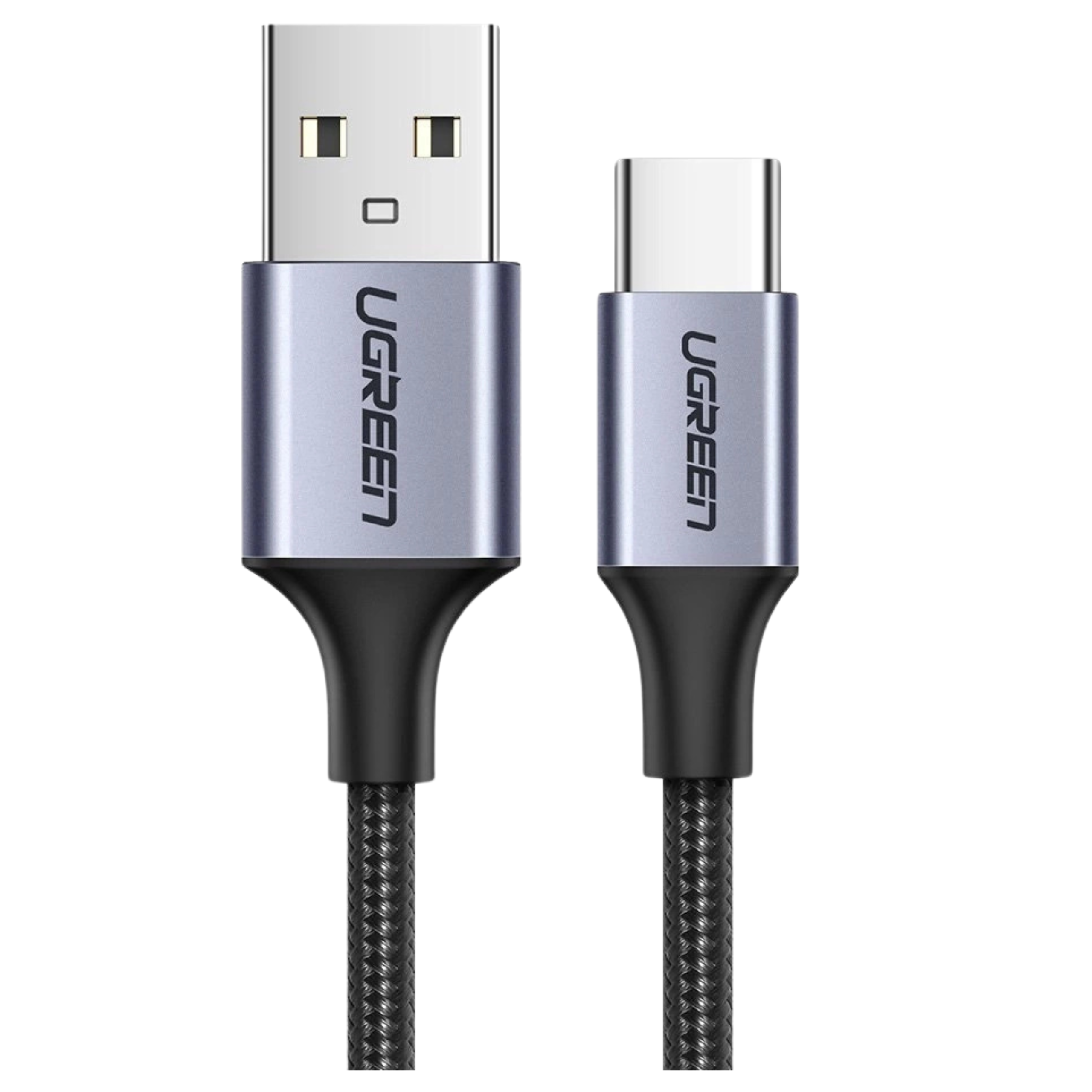 Złącze USB-A i złącze USB-C na plecionym kablu.