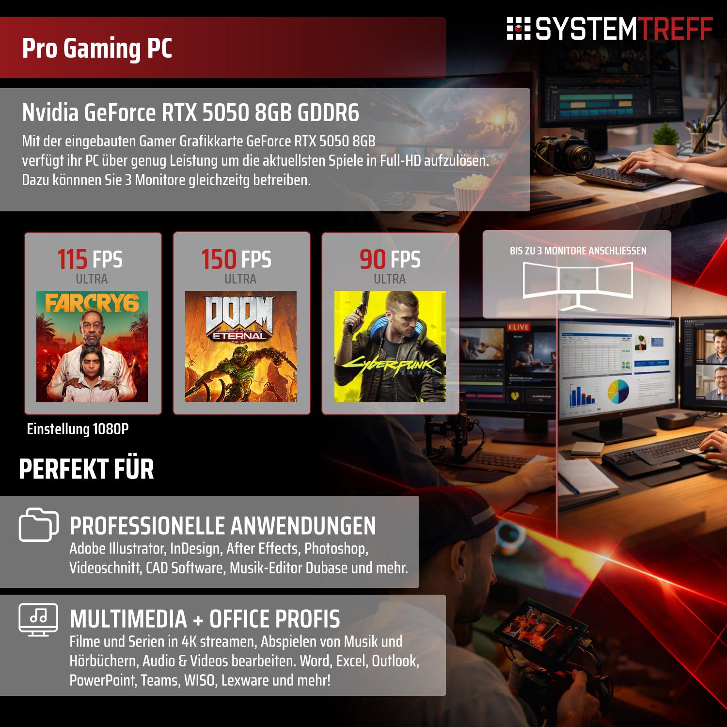 Gaming PC mit RTX 5050. Zeigt Spiele-Benchmarks & Anwendungen. Unterstützt 3 Monitore.