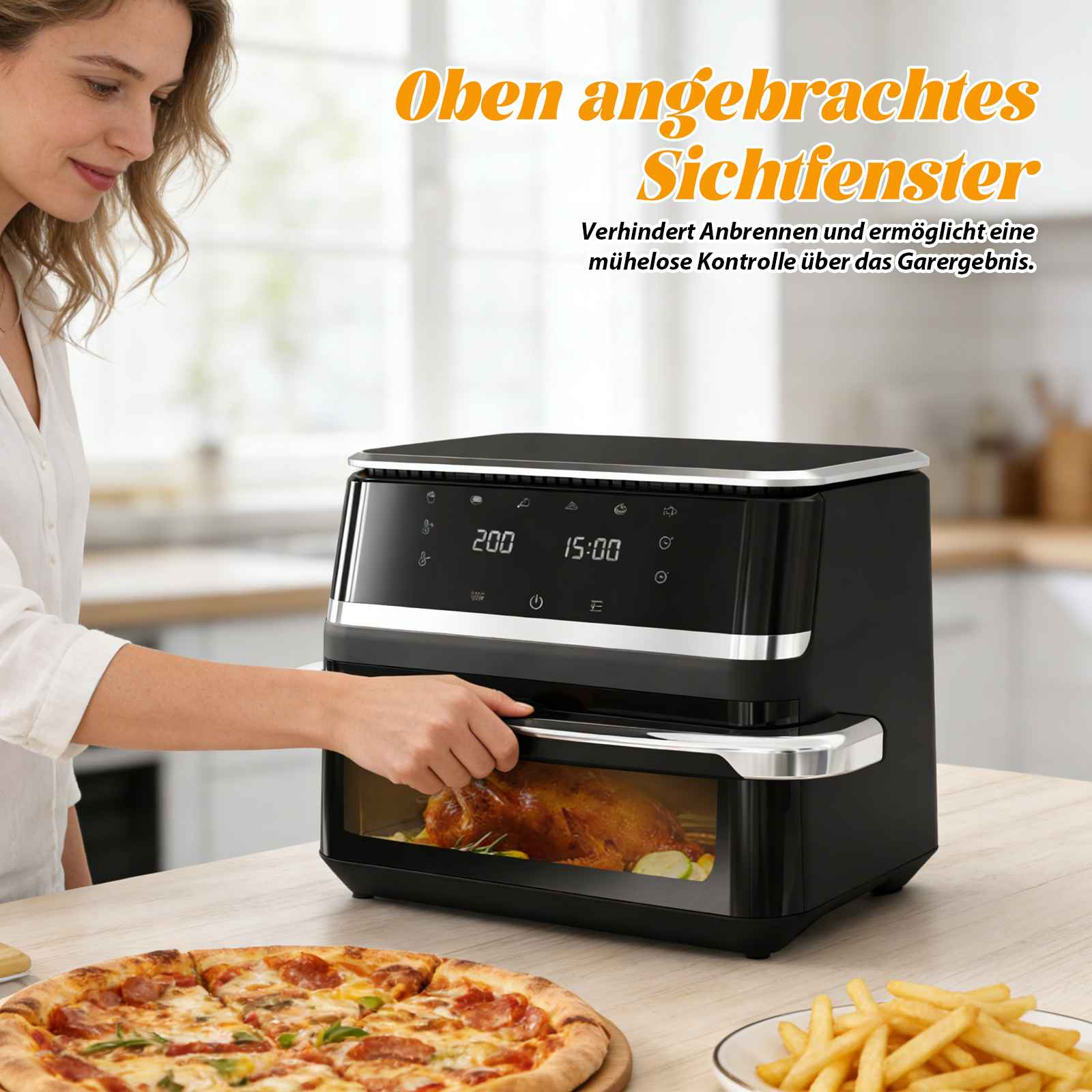 Ein Brathähnchen gart in einem schwarzen Ofen, daneben Pizza und Pommes.