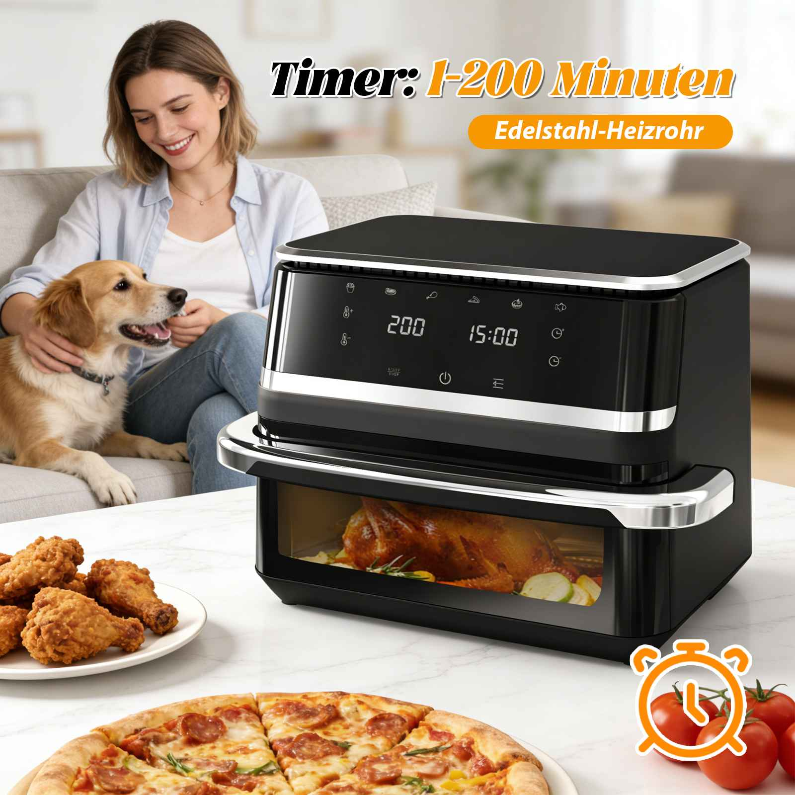 Ein moderner schwarzer Heißluftfritteusenofen mit einem Brathähnchen, Pizza und Hähnchenschenkeln.