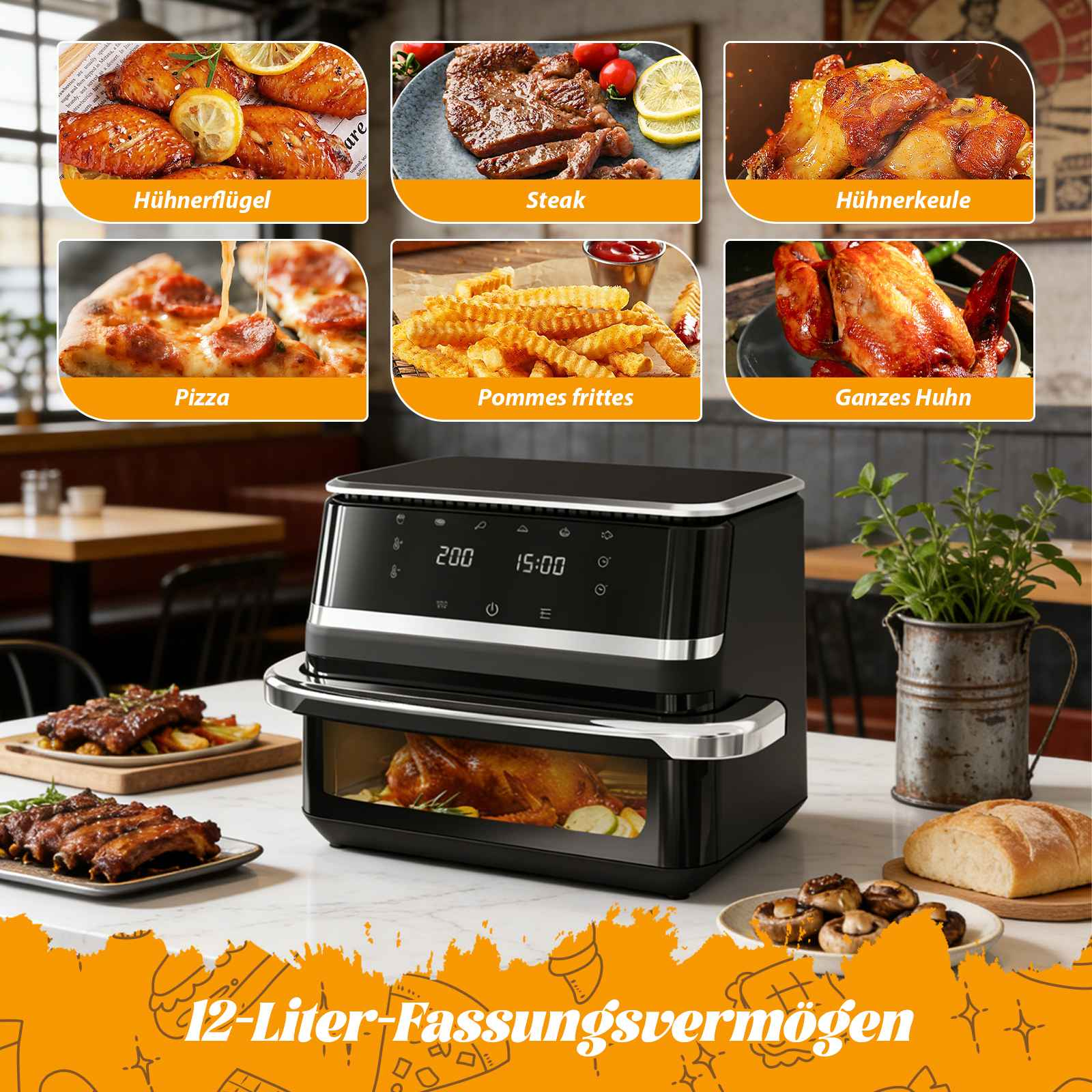 Heißluftfritteuse mit Bildern von Hühnerflügeln, Steak, Pizza, Pommes und ganzem Huhn.