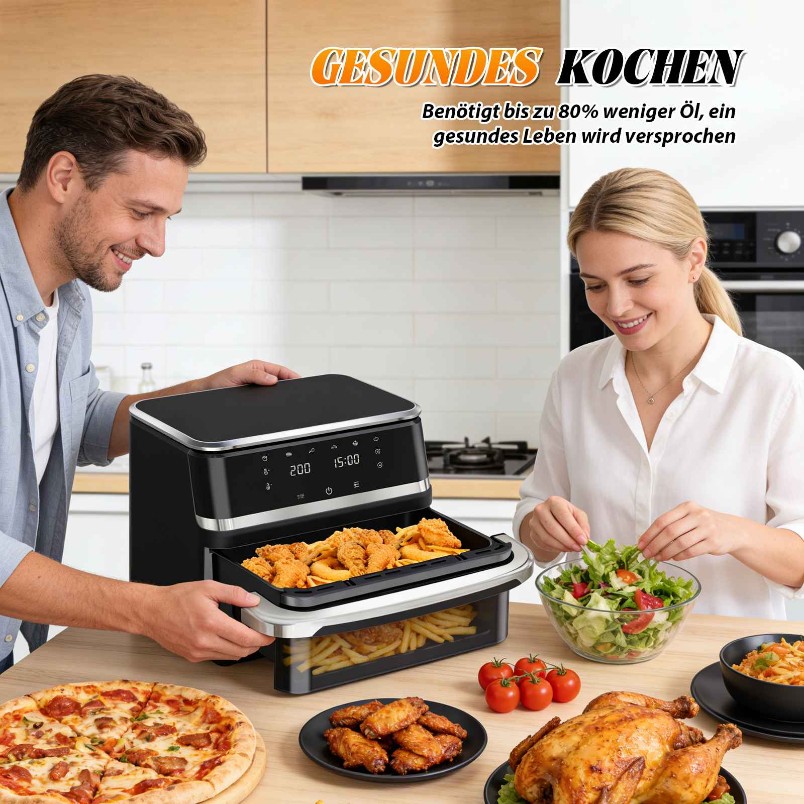 Ein Mann und eine Frau bereiten Essen zu, darunter ein Brathähnchen, Pizza und Pommes frites.
