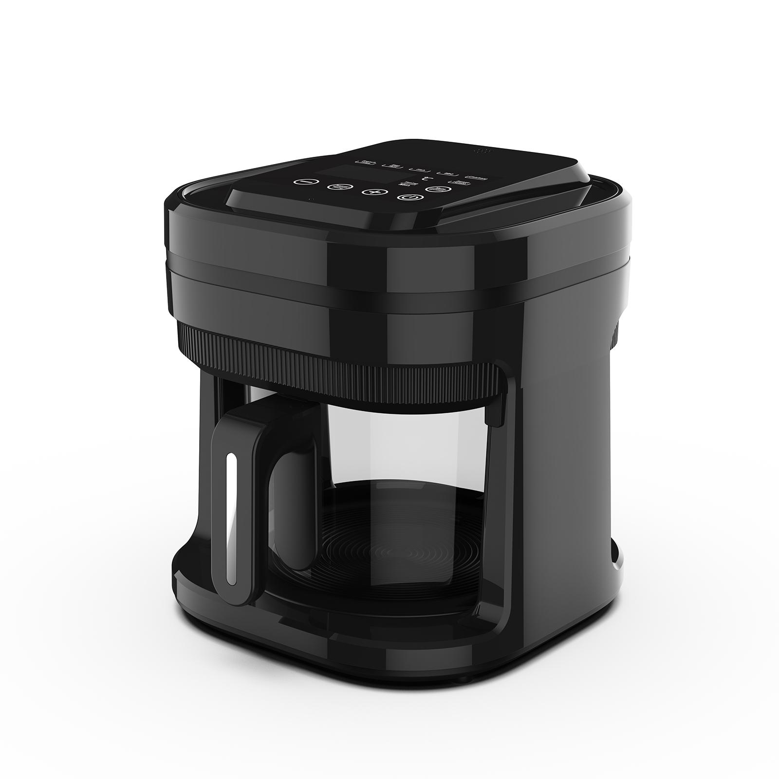 Schwarze Kaffeemaschine mit Glasbehälter und Bedienfeld.