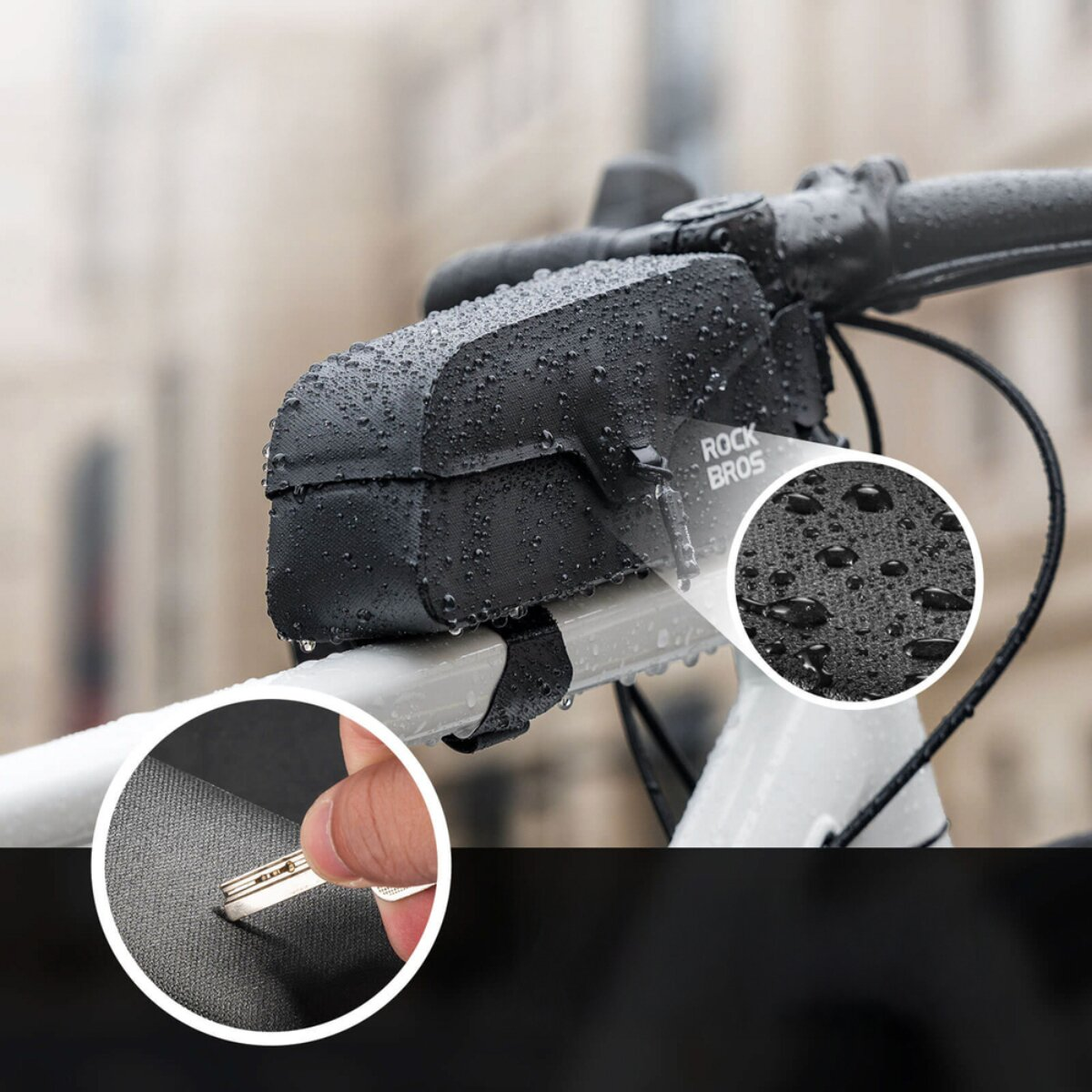 Wasserdichte Fahrradtasche mit Regentropfen. Detailansicht mit Schlüssel.