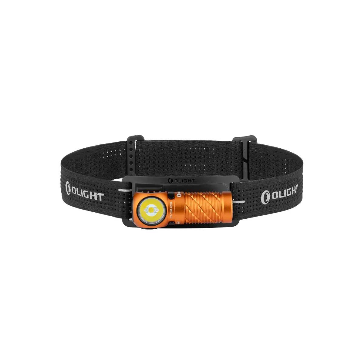 Una linterna frontal naranja con correa negra y logo Olight.
