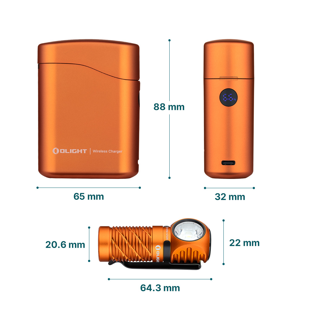 Cargador, linterna y accesorios Olight naranjas con dimensiones.