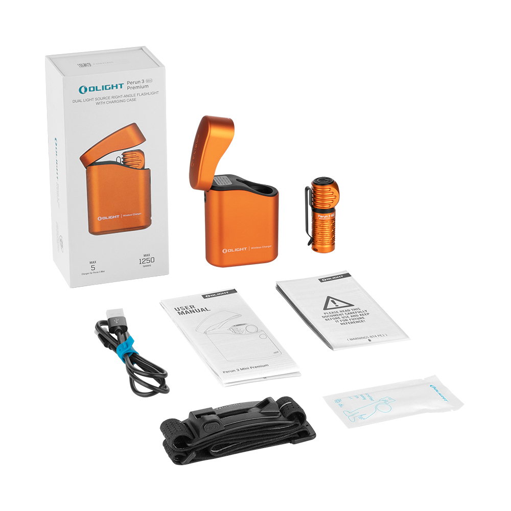 Linterna Olight naranja con estuche de carga, accesorios y manual.
