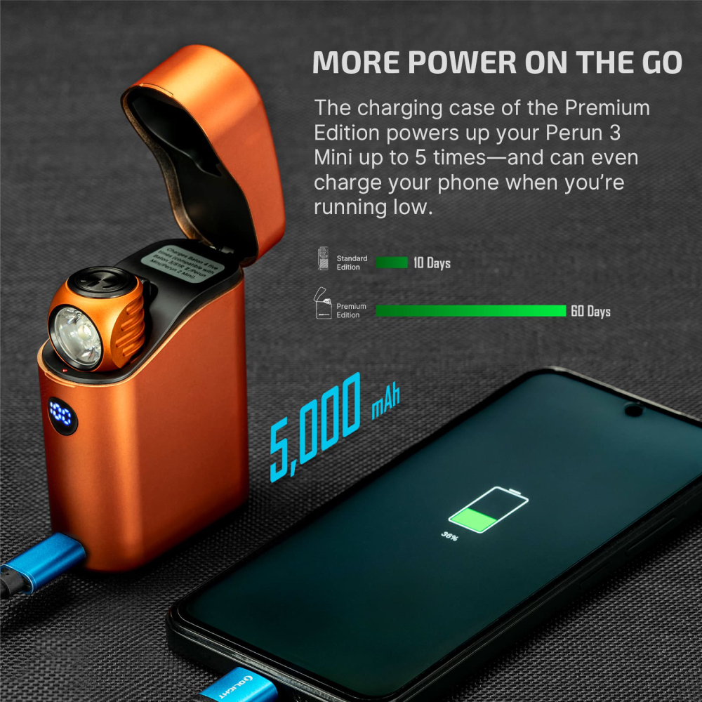 Estuche de carga naranja con linterna carga un teléfono. 5000 mAh.