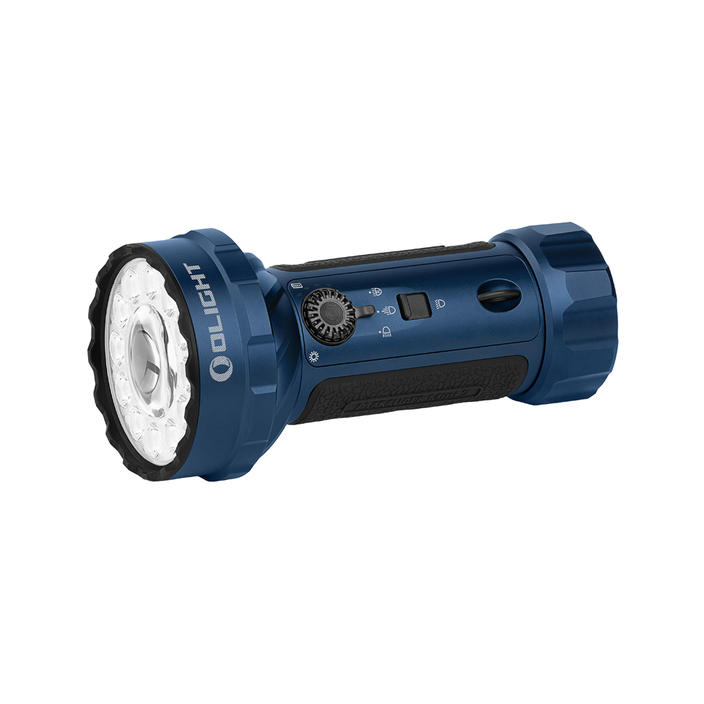 Eine dunkelblaue Taschenlampe mit silbernen Bedienelementen und schwarzem Griff.