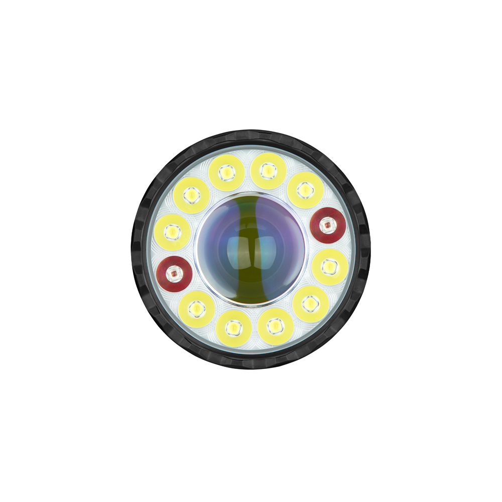 Runde Leuchte mit zentraler Linse und gelben und roten LEDs.