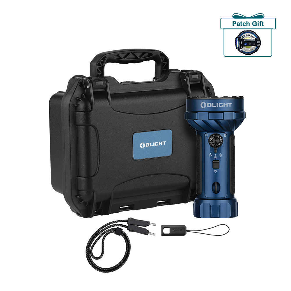 Blauer Olight-Scheinwerfer mit schwarzem Koffer, Kabel und Patch.