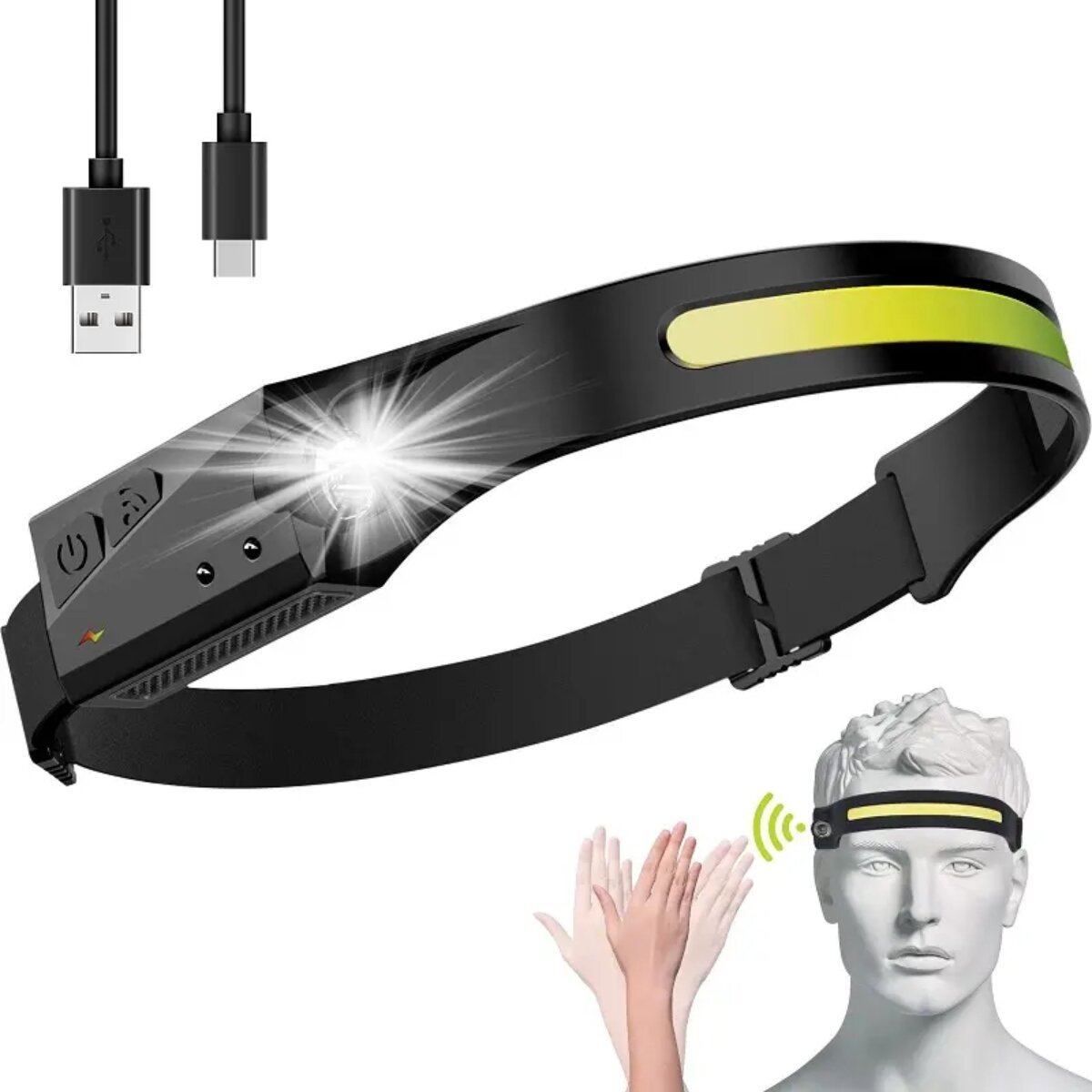Schwarzes Stirnband mit heller LED, USB-Kabel und Handgestensteuerung.
