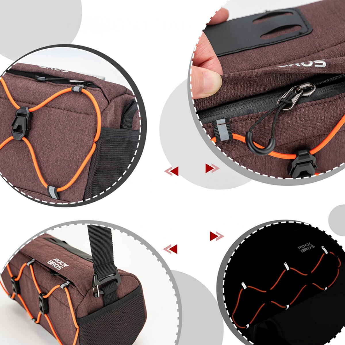 Braune Fahrradtasche mit orangefarbenen Gummibändern und schwarzen Netzeinsätzen.