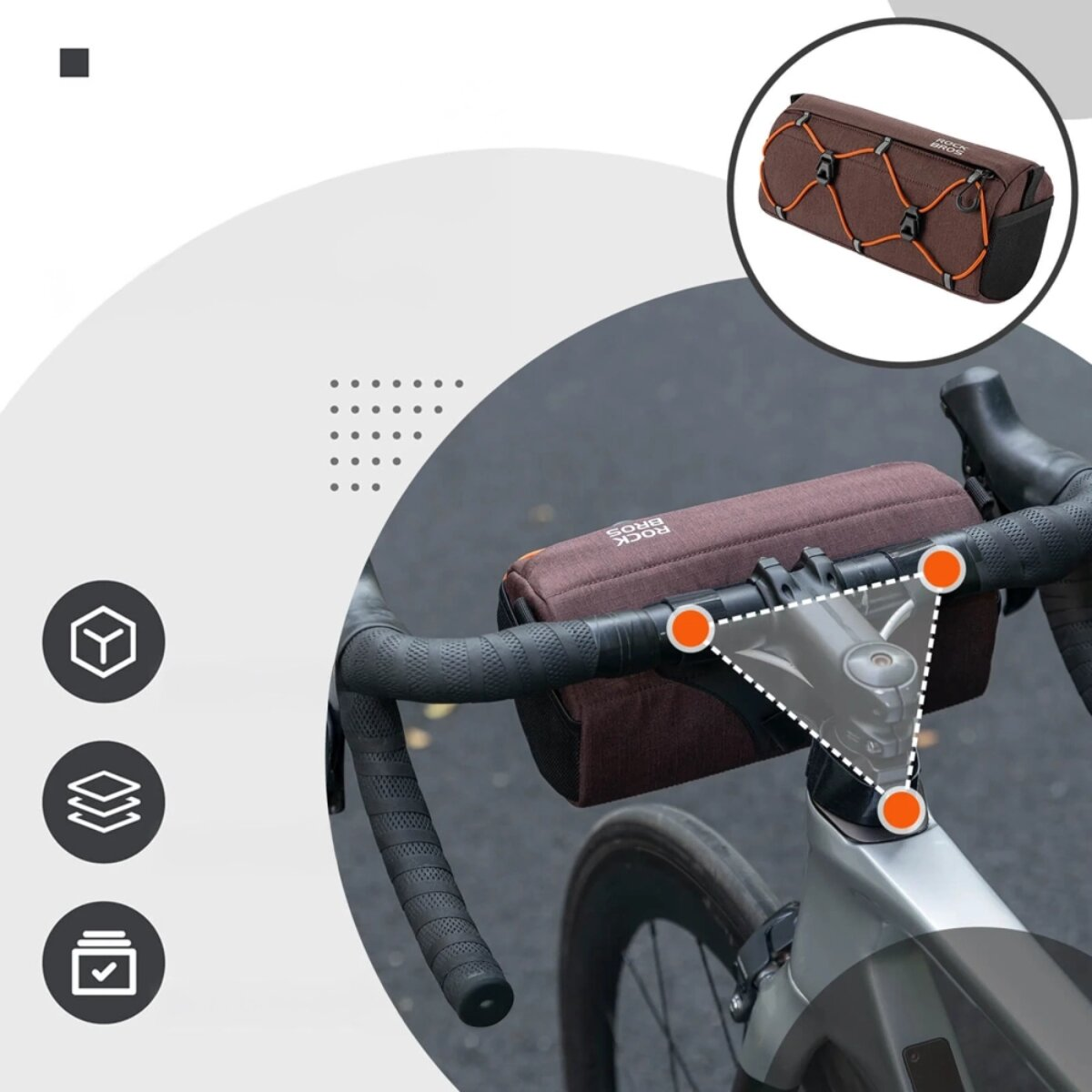 Braune Fahrradtasche am Lenker mit orangen Gummibändern und einem Ausschnitt.