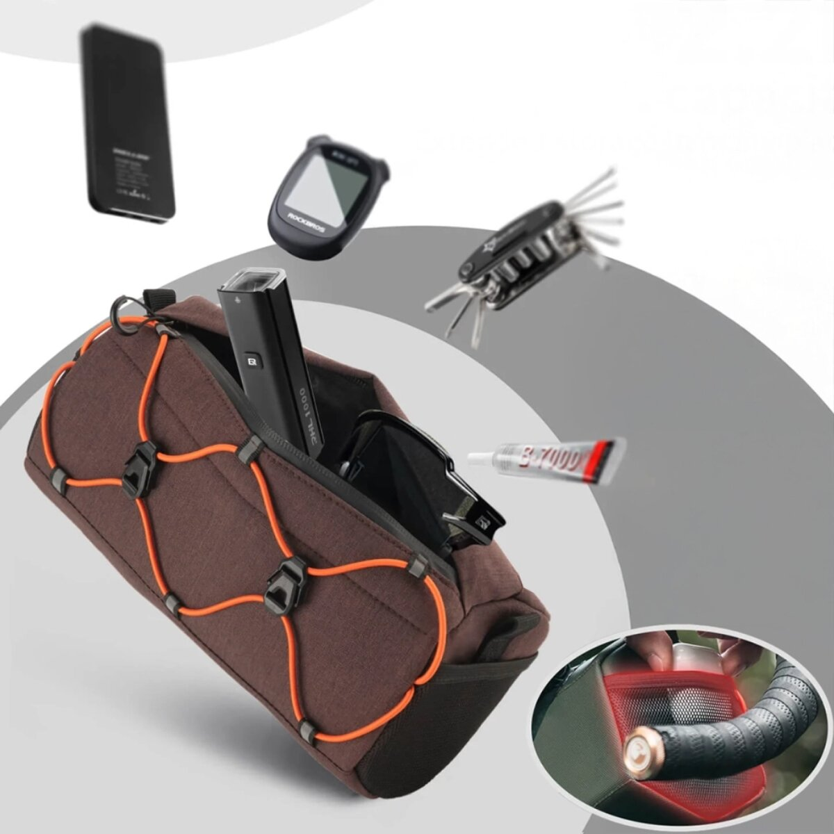 Fahrradtasche mit Werkzeug, Lampe, Reifenreparaturset, Handyhalterung und Fahrradcomputer.