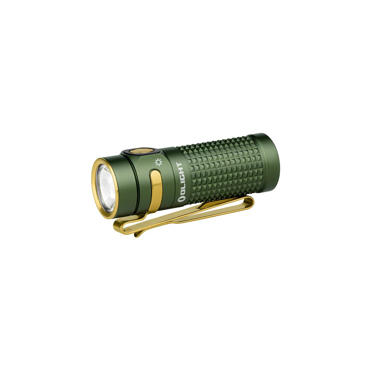 Torcia verde con clip dorato e corpo testurizzato.