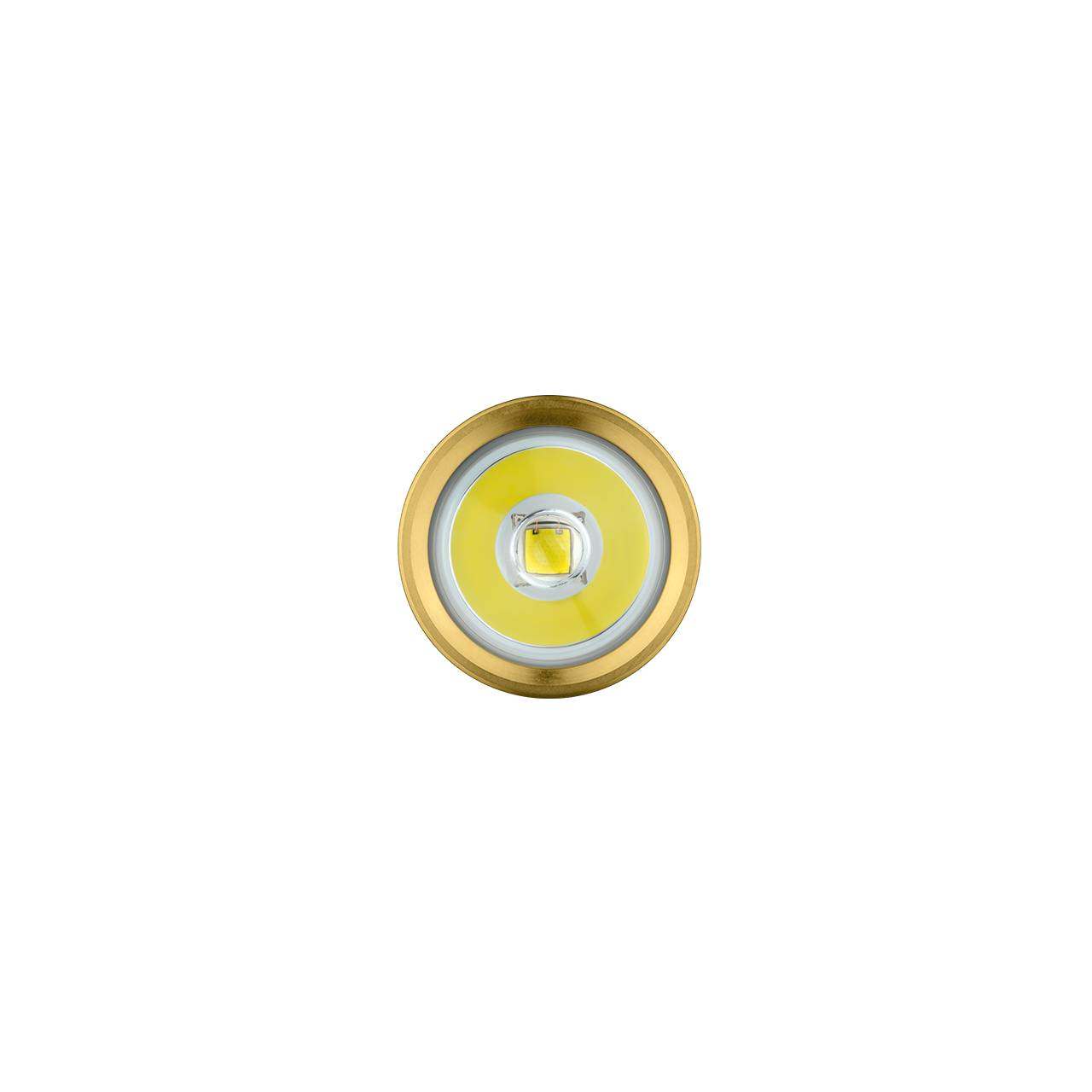 Ghiera in ottone attorno a un LED luminoso nella testa di una torcia.
